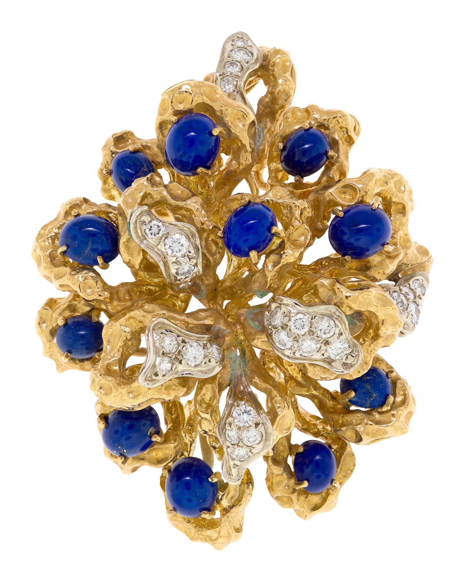VINTAGE 18K GOLD LAPIS & DIAM. BRUTALIST PIN/PENDANT.: A vintage, 18k yellow gold (stamped), brutalist style, pin/pendant, set with lapis, 4x3mm and 6x5mm with approx. 1.25 ct. tw., round brilliant cut diamonds of G-H color and VS clarity, 2 1/4 inches lo