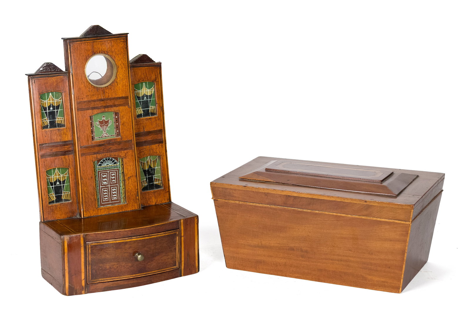 19TH C. WATCH HUTCH AND FIGURED MAPLE DRESSER BOX.: Two 19th C. dresser top items, including: a ca. 1810 English inlaid watch hutch, the architectural case with a circular watch aperture flanked by églomisé panels of draped windows and an urn, over