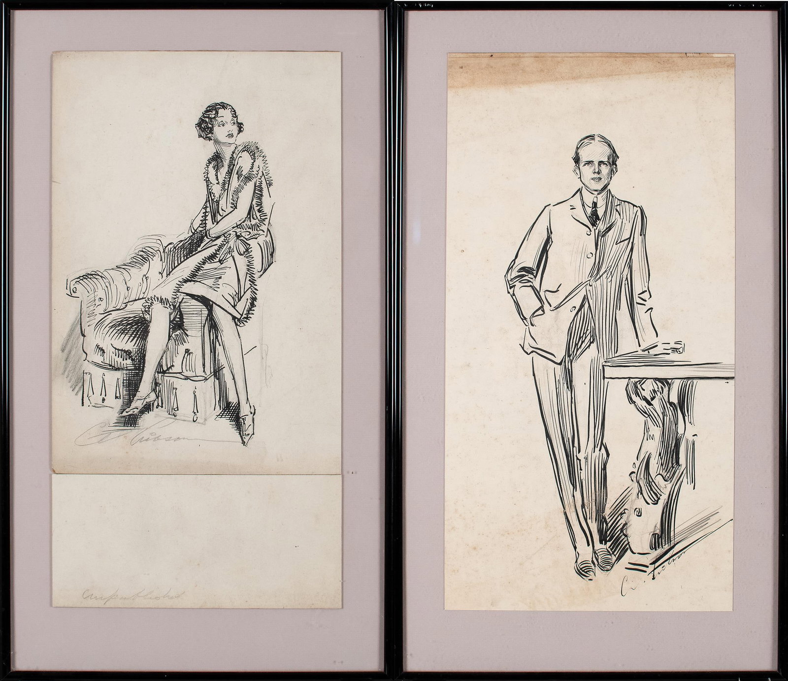 TWO VINTAGE CHARLES DANA GIBSON INK ILLUSTRATIONS. (1 of 3)