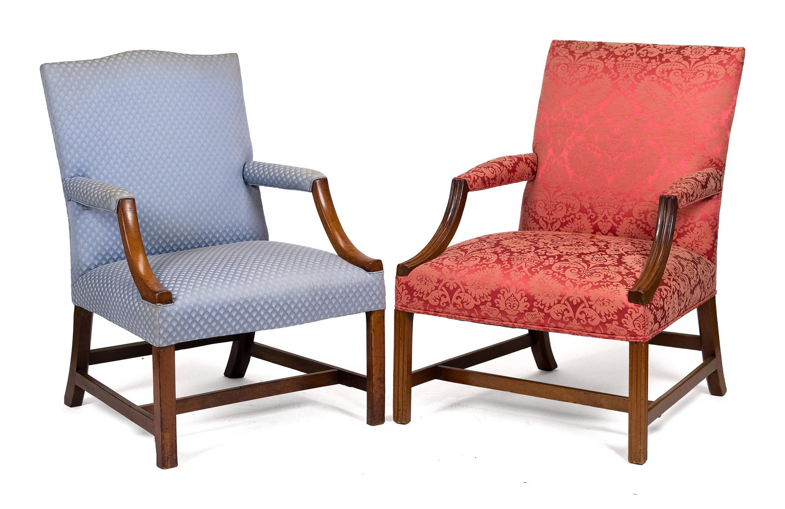 TWO 18TH C. CHIPPENDALE LOLLING CHAIRS.: A ca. 1780 Chippendale mahogany lolling chairs, both of similar form, including: one upholstered in burgundy damask, the arm supports thumb molded, the shaped open arms above a square seat, raised on 