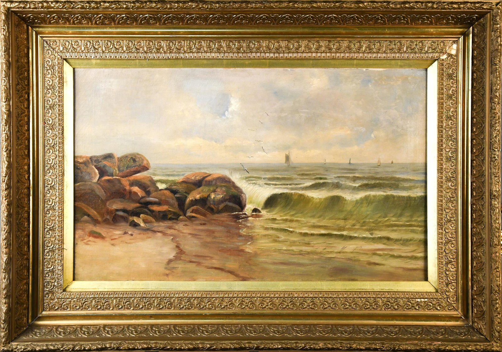 ATTRIB. ALFRED T. BRICHER OIL, SEASCAPE.: A 19th C. oil on canvas, attributed to Alfred T. Bricher, depicting seascape with rocky shoreline, and crashing waves. Unsigned. Image 18” x 29.5”, frame 29” x 39.5”.
