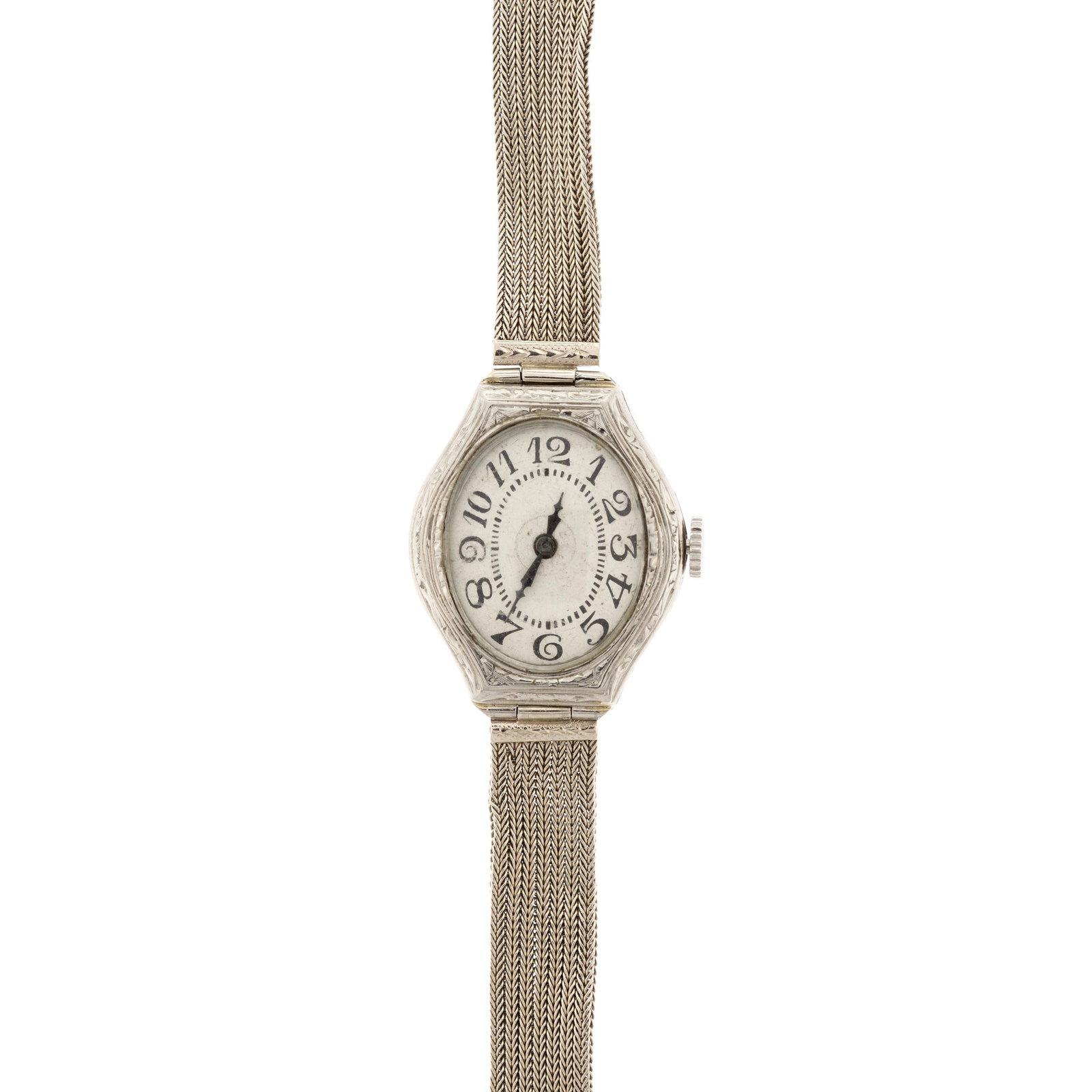 ANTIQUE 18K GOLD LADY ELGIN W/ 14K GOLD WATCH STRAP.: An antique, 18k white gold (stamped), Lady Elgin, wrist watch, 28x23mm case, 15 jewels mechanical movement with a 14k white gold (stamped), belt buckle, mesh strap, 9mm wide, 7 7/8 inches long, 27.6