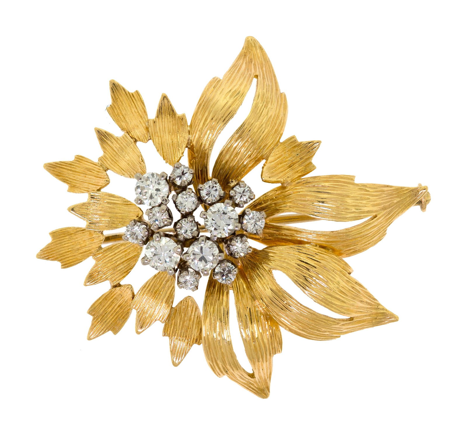 VINTAGE 18K GOLD DIAMOND FLOWER PIN.: A vintage, 18k yellow gold (stamped, unknown hallmark), flower pin, set with approx. .75 ct. tw., Old European and round brilliant cut, natural diamonds of F-G-H color and VS-SI clarity, 1 1/2 inches 