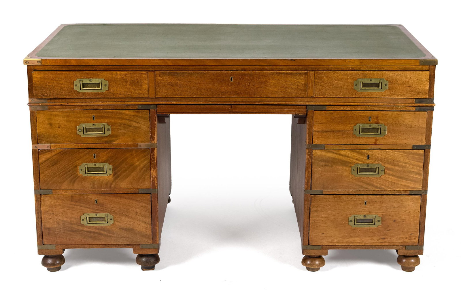 19TH C. ENGLISH KNEE HOLE CAMPAIGN DESK. (1 of 1)