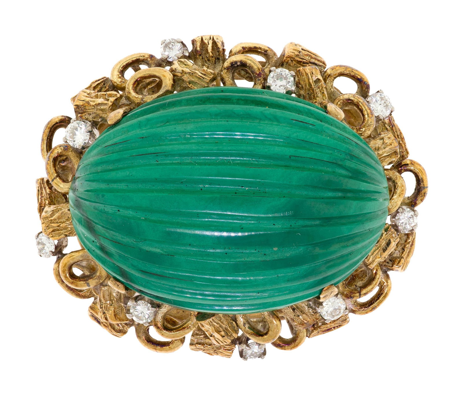 MID-CENTURY 14K GOLD CARVED MALACHITE & DIAMOND PIN. (1 of 7)