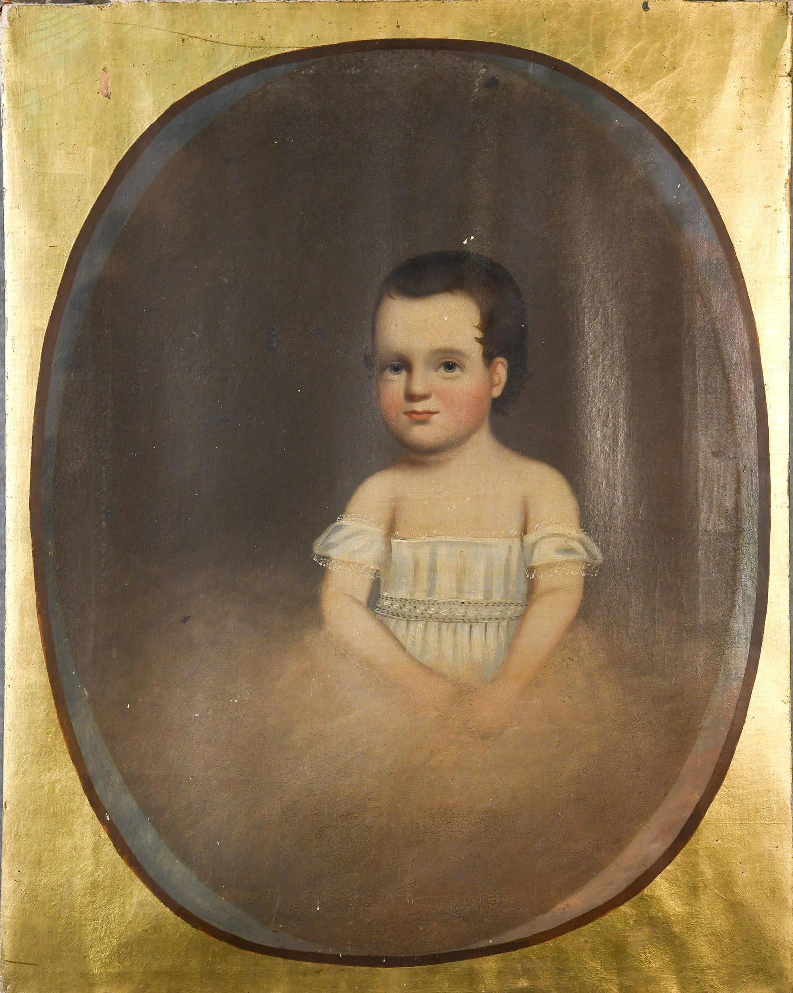 19TH C. AMERICAN SCHOOL PORTRAIT OF A CHILD IN WHITE. (1 of 5)