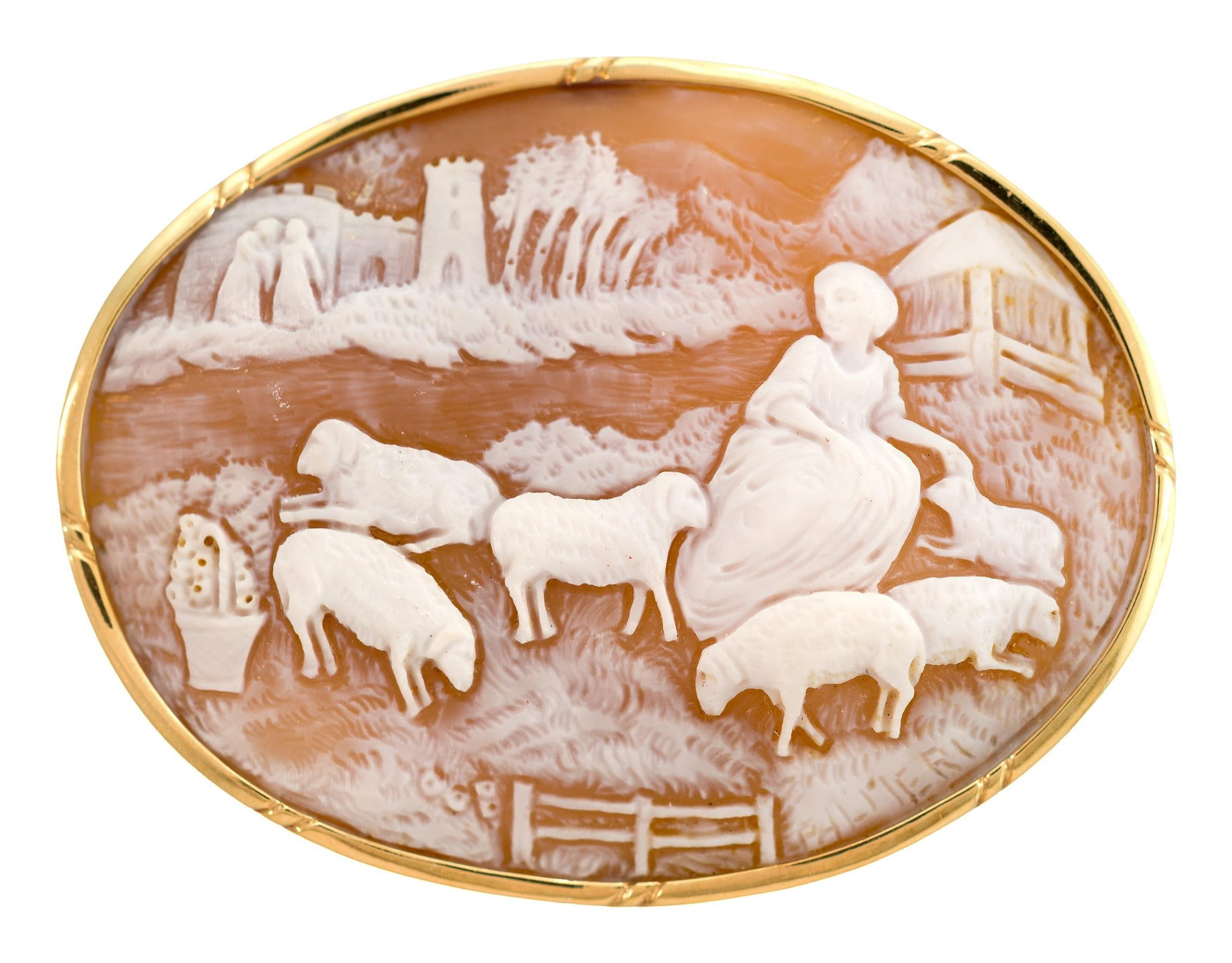 ANTIQUE 18K GOLD SIGNED PALMERI 18K GOLD SHELL CAMEO.: An antique, Italian, 18k yellow gold (stamped), signed, Palmeri shell cameo, pin/pendant, 2 3/4 inches long, 21.2 grams.