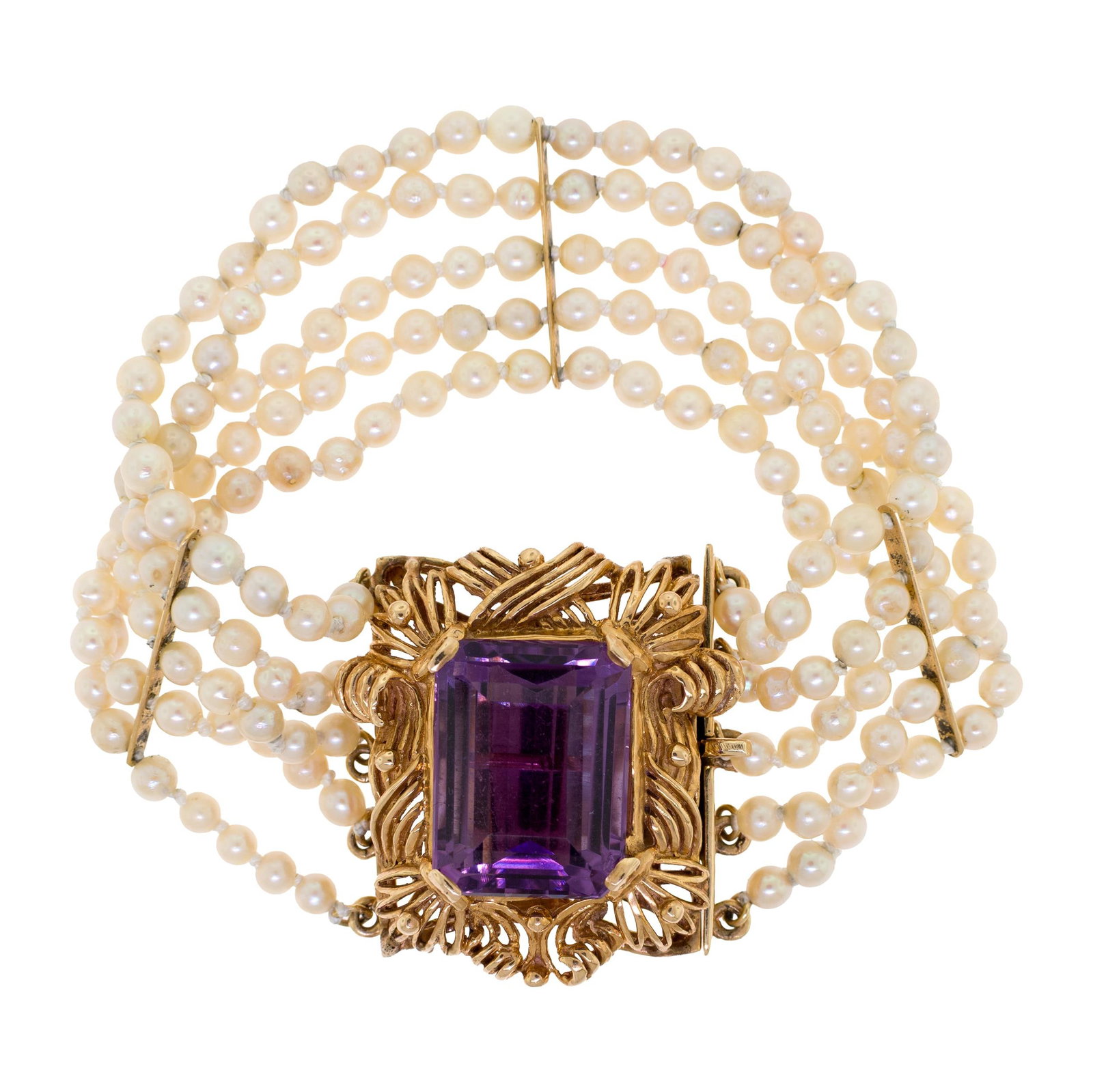 14K GOLD MULTI-STRAND PEARL & AMETHYST BRACELET.: A multi-strand, pearl bracelet with a 14k yellow gold (tested) clasp, set with an approx. 15 ct., emerald cut, medium purple amethyst, 3mm, semi-round to round, cream colored pearls with good to very