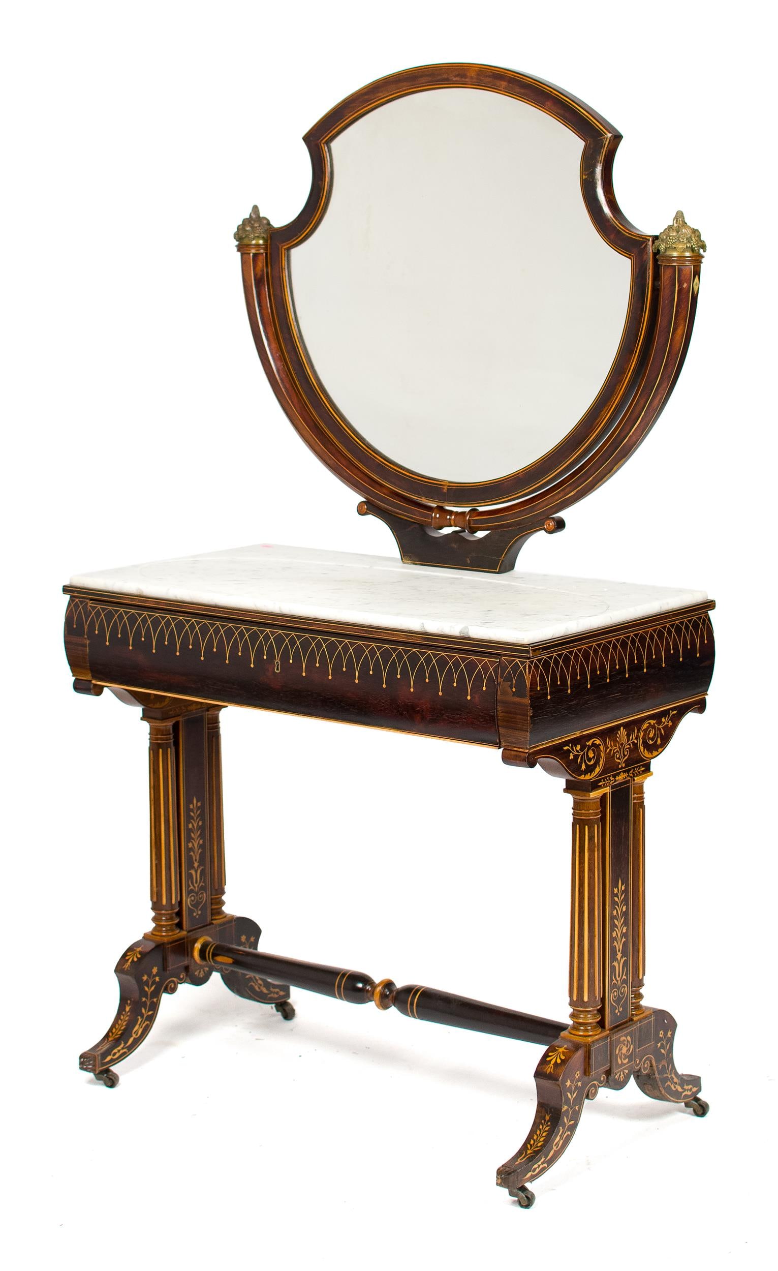 EXCEPTIONAL CHARLES I INLAID ROSEWOOD VANITY.: A superb 19th C. Charles I inlaid rosewood vanity with a removable shaped mirror supported by elaborate harps topped with brass cornucopia, marble-topped base with a single concealed drawer in apron