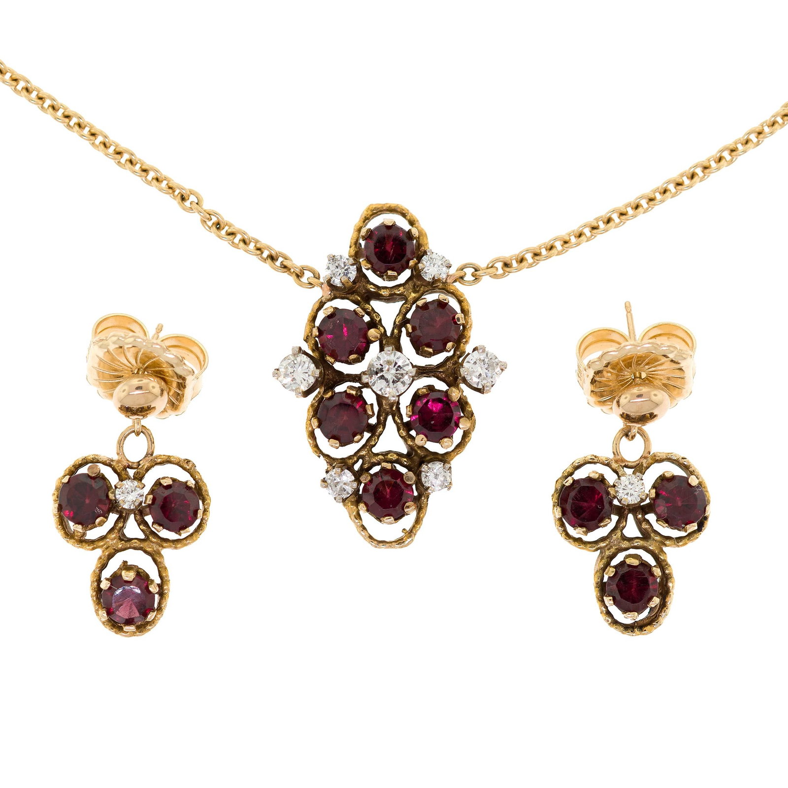 14K GOLD GARNET & DIAMOND NECKLACE & EARRINGS.: A 14k yellow gold (stamped) necklace and matching dangle earrings with jumbo ear nuts, set with approx. 2.5 ct. tw., faceted round, slightly purplish-red garnet and approx. .62 ct. tw., round