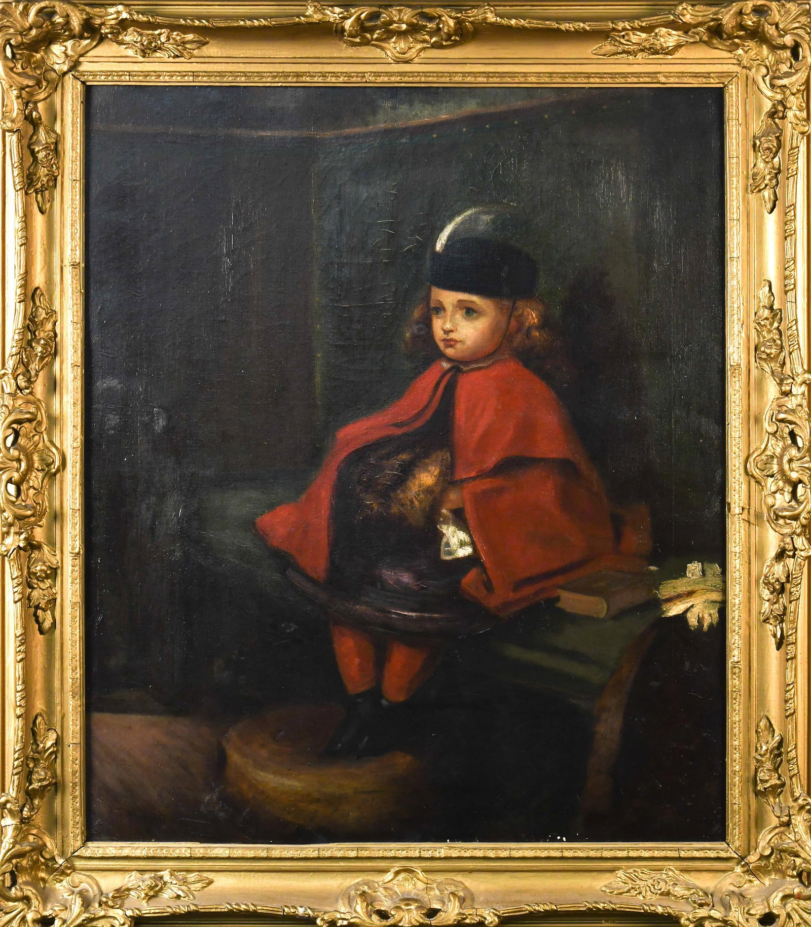 JOHN MOGFORD OIL, GIRL IN RED COAT.: A John Mogford (UK, 1821 - 1885) oil on canvas, girl in a red coat seated on green chair, signed lower left J. Mogford. Canvas 30” x 25”, frame 36” x 31”.