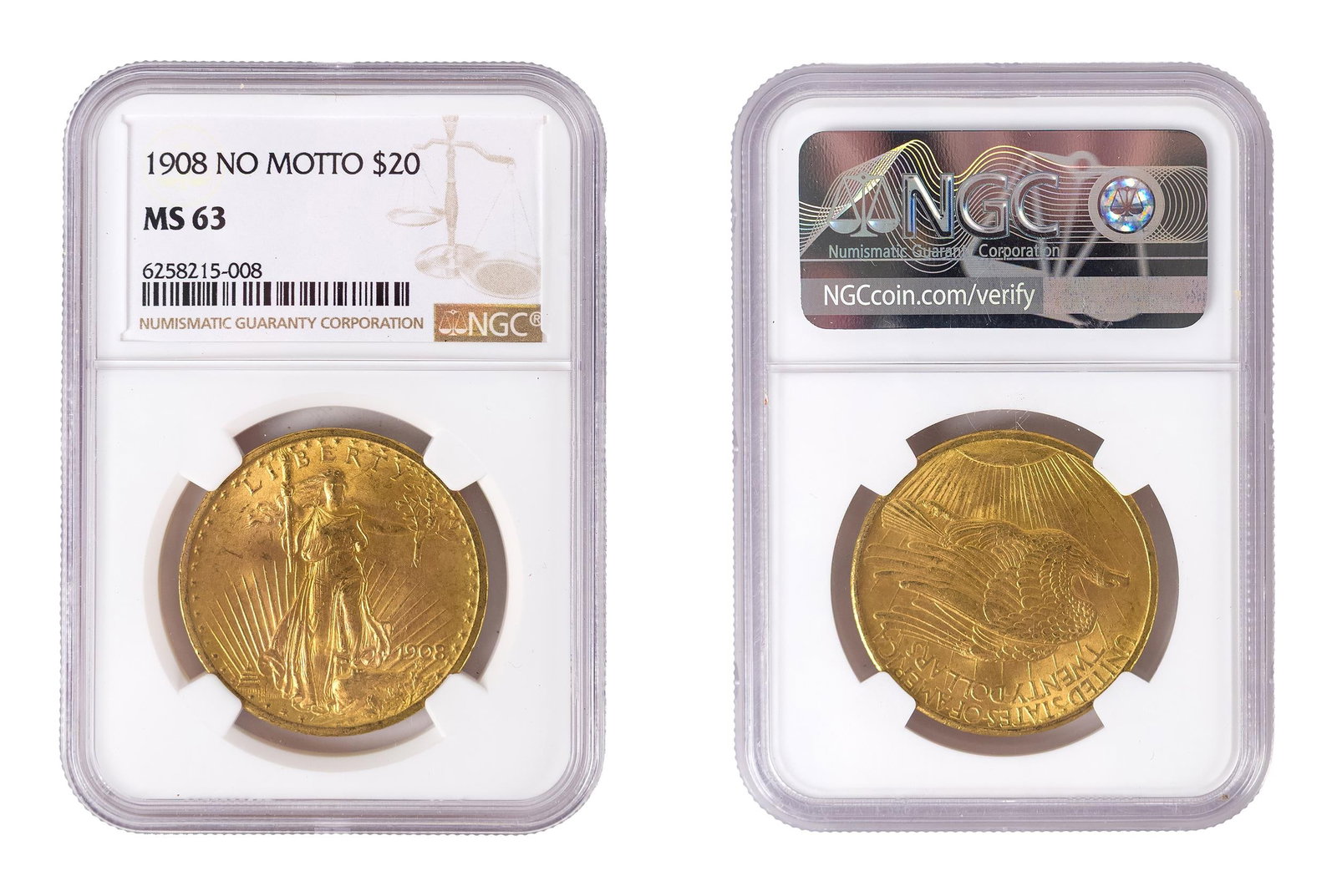 1908 ST. GAUDENS $20 DOLLAR GOLD PIECE, MS63.: A NGC slabbed 1908 St. Gaudens $20 dollar 'no motto' gold piece, graded MS63.