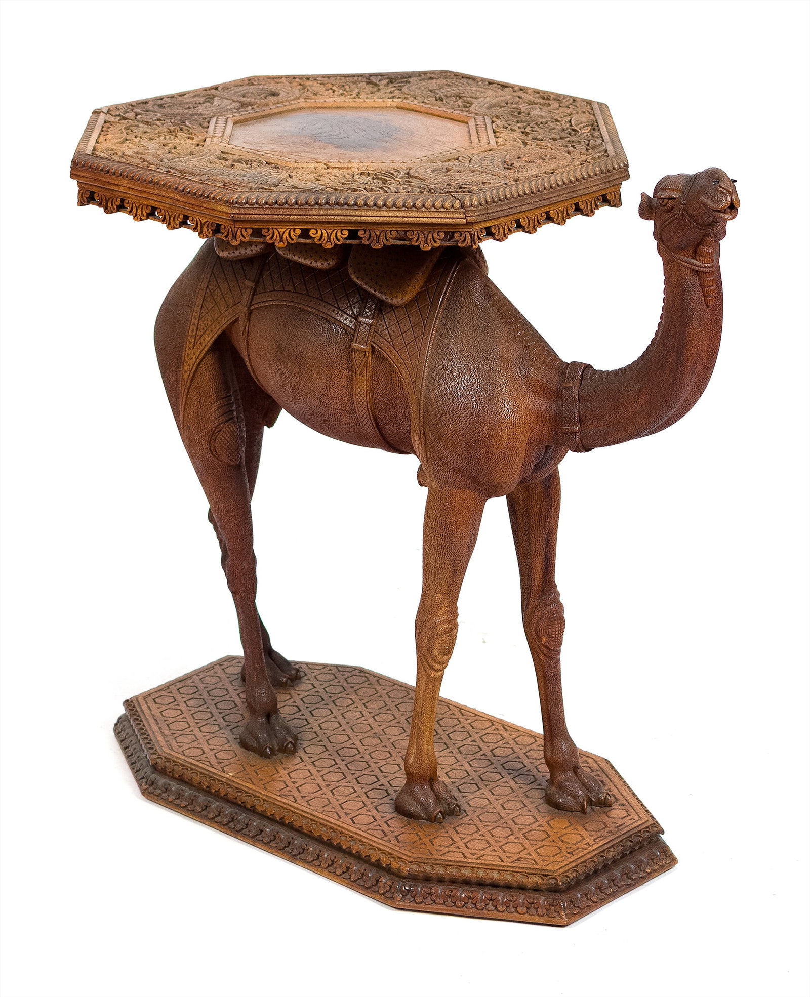 ANTIQUE ANGLO-INDIAN CARVED CAMEL TABLE.: A fine 19th C. Anglo-Indian teak export camel form table with exceptional carved details throughout. 28.5”H x 29”W x 20”D. Provenance: collected during world travels in the early