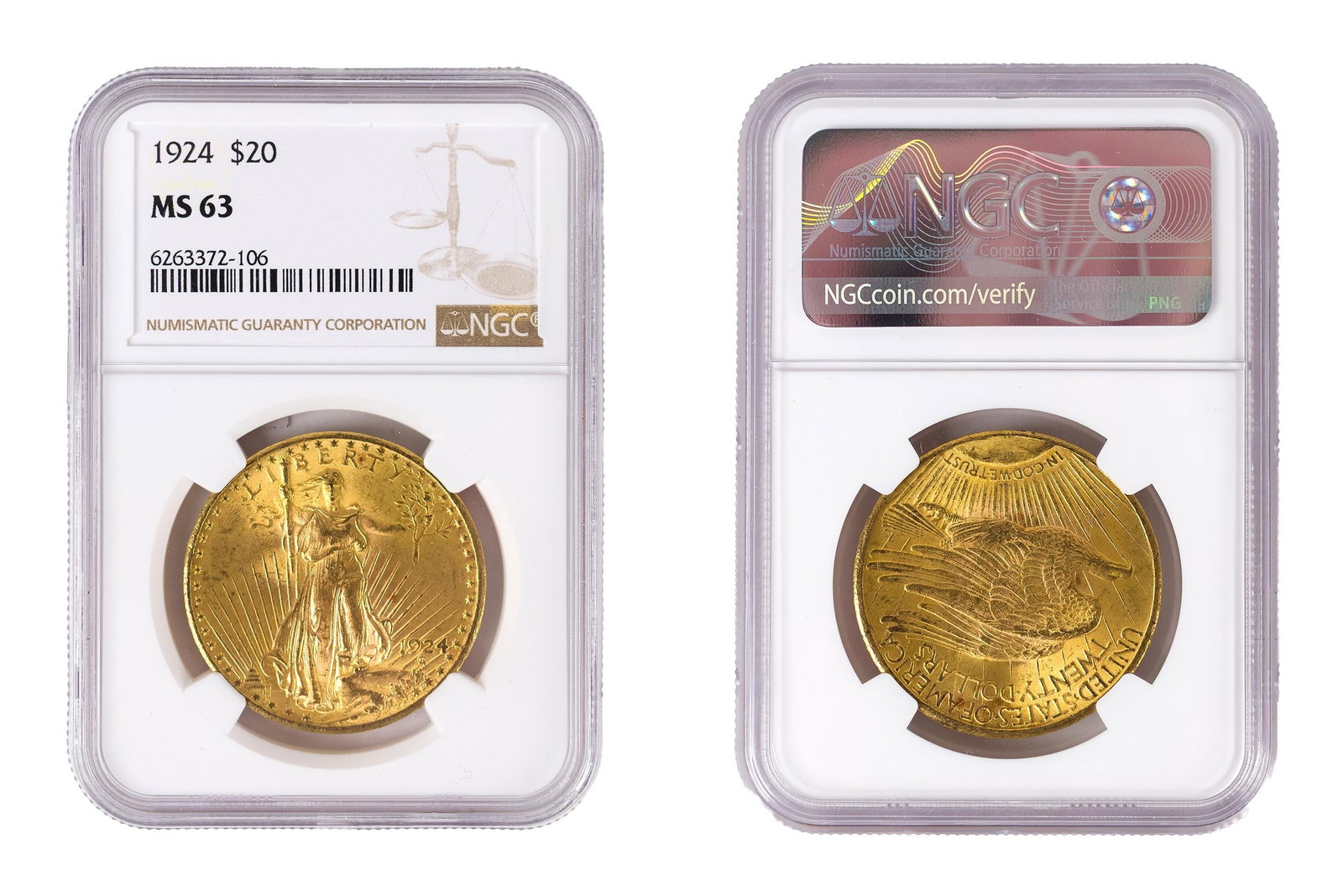 1908 ST. GAUDENS $20 DOLLAR GOLD PIECE, MS63.: A NGC slabbed 1924 St. Gaudens $20 dollar gold piece, graded MS63.