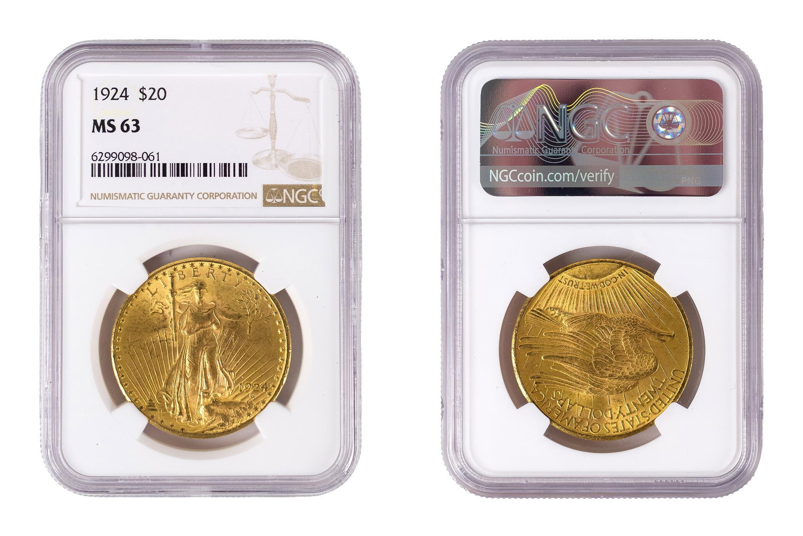 A NGC SLABBED 1924 ST. GAUDENS $20 DOLLAR GOLD PIECE.: A NGC slabbed 1924 St. Gaudens $20 dollar gold piece, graded MS63.