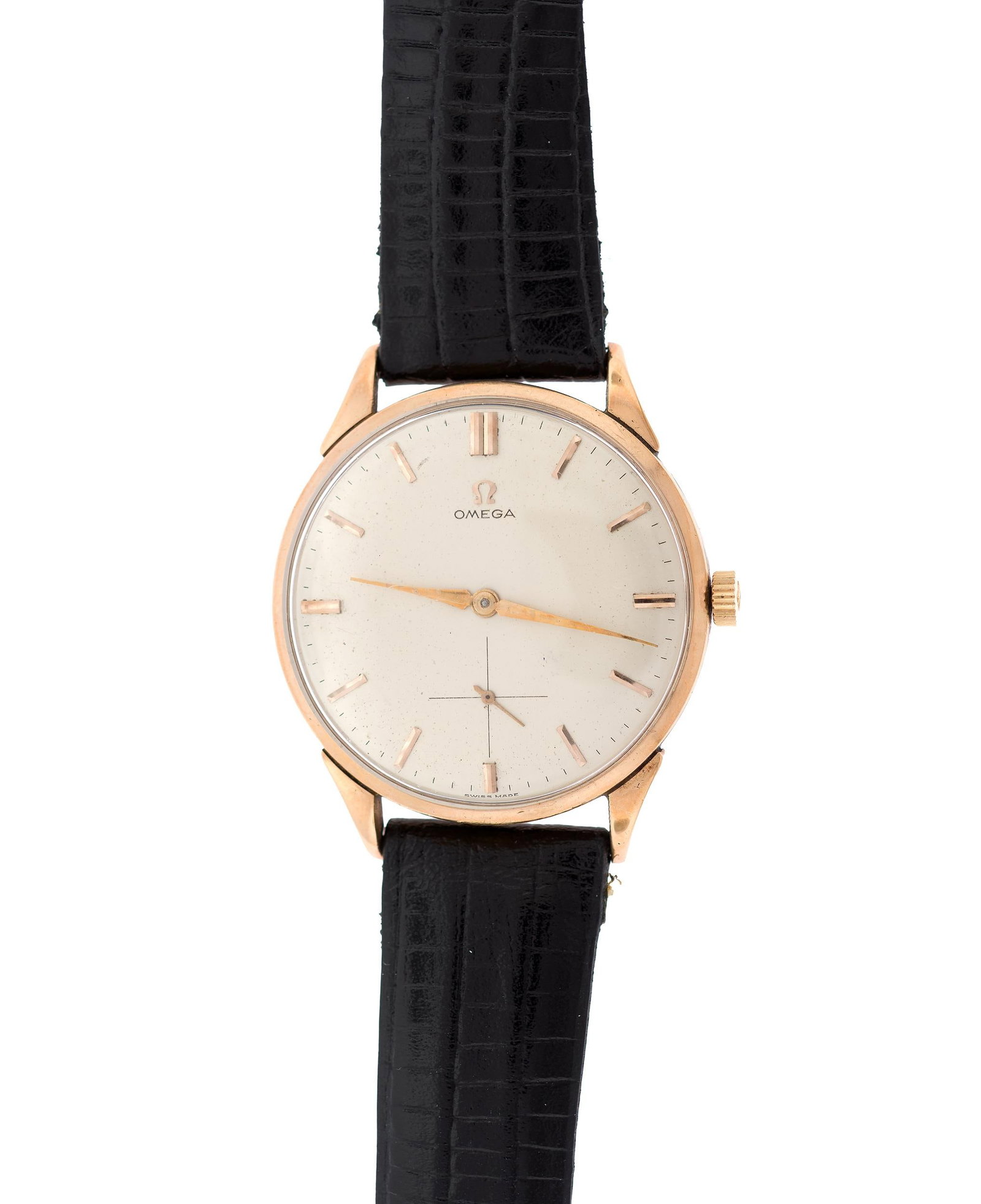 VINTAGE 18K GOLD OMEGA WRIST WATCH.: A vintage, 18k yellow gold (stamped), 15 jewels mechanical movement, case is marked 15646, movement #11611197, 36.5mm case, black leather strap, 9 1/4 inches long.