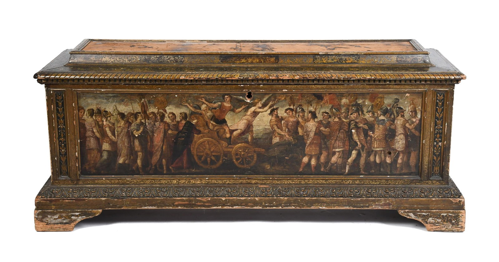 RARE ITALIAN RENAISSANCE PAINTED AND GILT CASSONE.: A 16th C. or earlier Italian Florentine cassone, the hinged plank lid with a gadrooned and molded edge, over a front panel painted with a classical triumphal procession of a chariot and armored