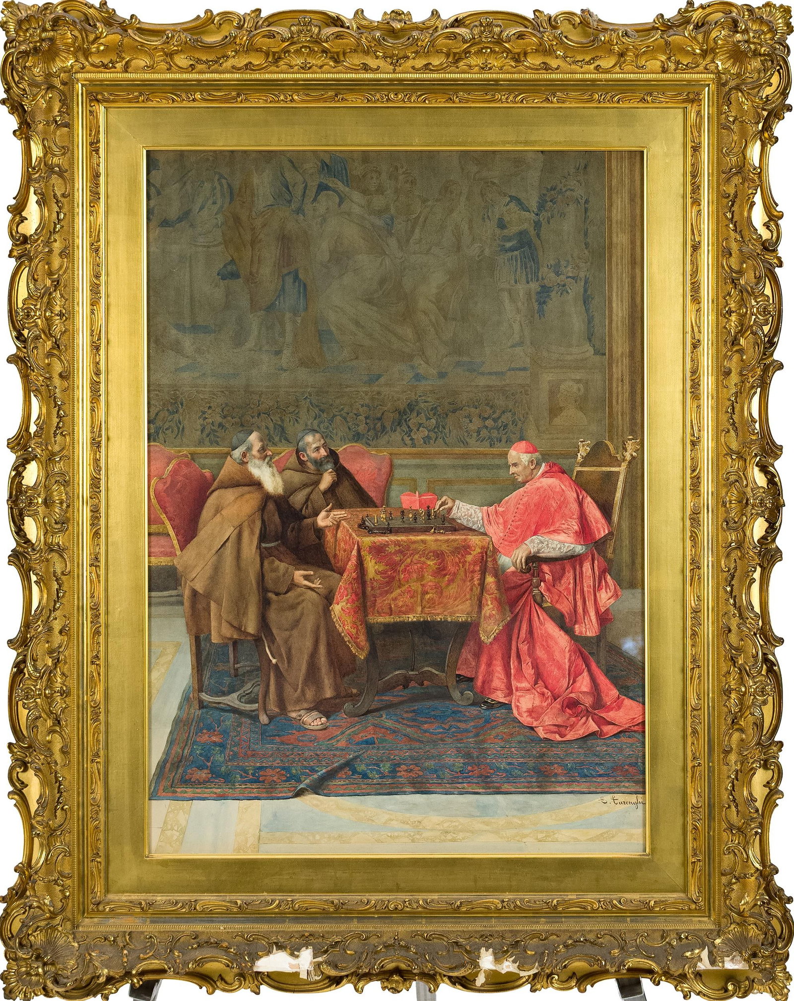 ENRICO TARENGHI WATERCOLOR, THE CHESS GAME.: Enrico Tarenghi (Italian, 1848-1938) watercolor cardinal in scarlet robes seated at a chess table opposite two Franciscan friars in brown habits, one gesturing as the cardinal reaches for a piece,