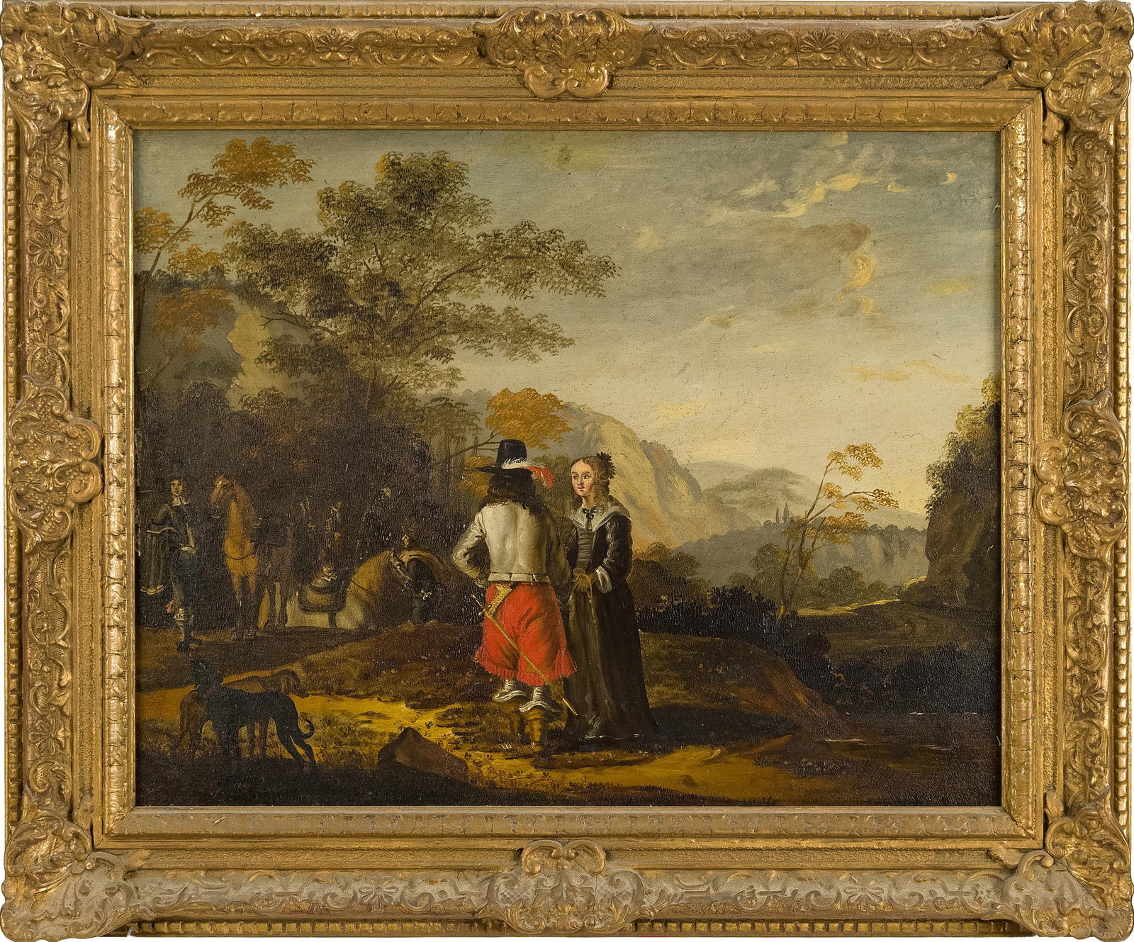 17TH/18TH C. OLD MASTER OIL ON PANEL LANDSCAPE.: A 17th or 18th C. Continental School oil on panel, in the Dutch manner. A wooded landscape with a cavalier in a plumed hat, red breeches and a white doublet standing in conversation with a lady in a