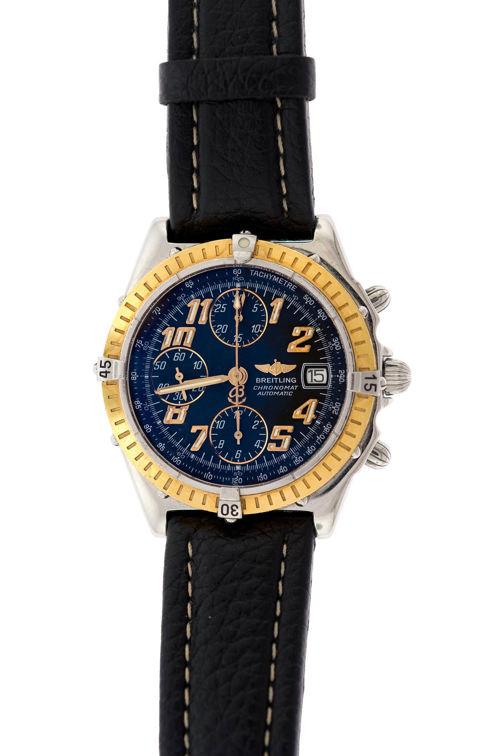 STAINLESS STEEL BREITLING CHRONOMAT D13350 WATCH.: A stainless steel, Breitling Chronomat wrist watch, reference #D13350, model #39024, automatic movement, black dial with illuminated numerals, gold-tone accents, 38mm case, black leather strap with or