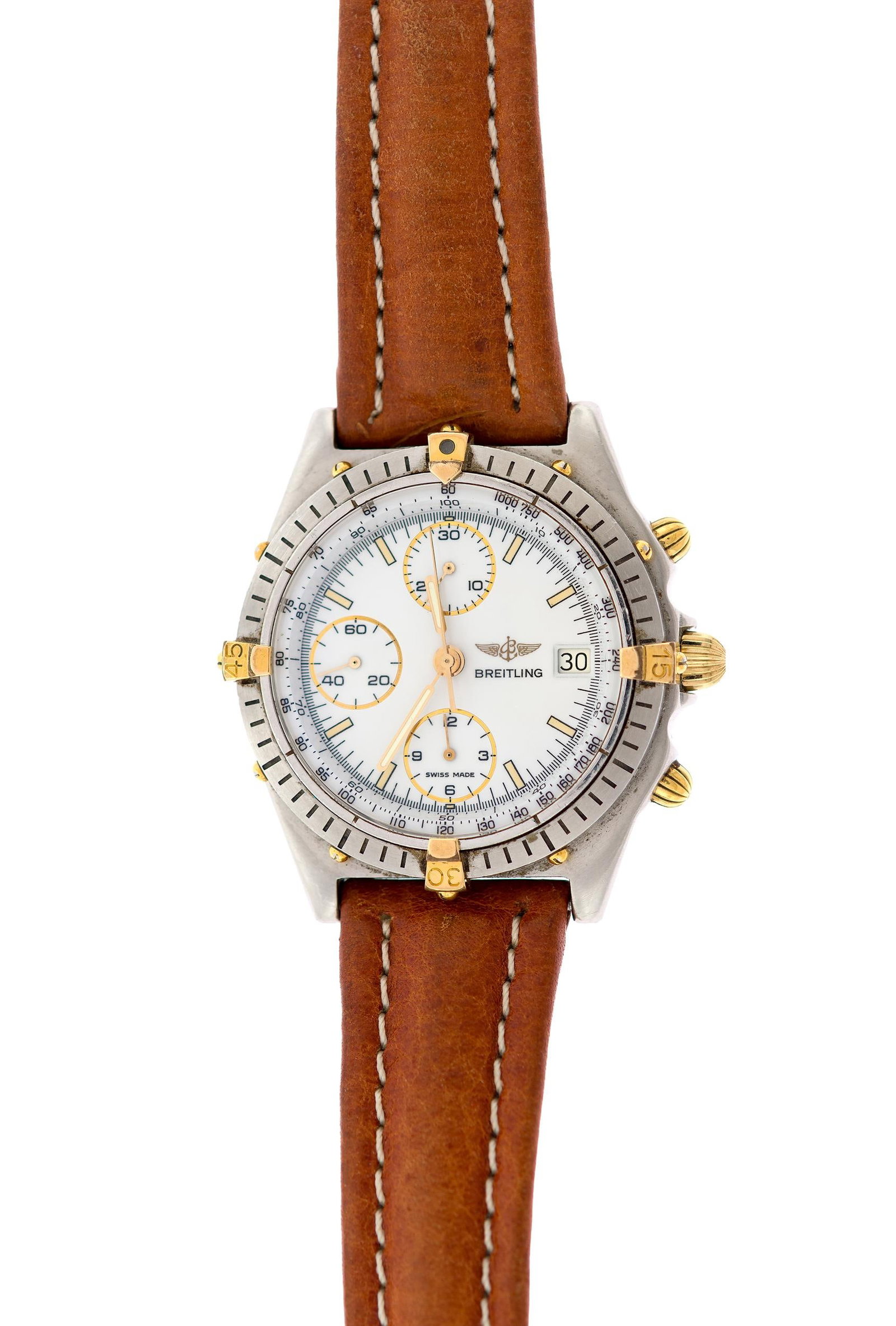 STAINLESS STEEL BREITLING CHRONOMAT 81950 WATCH.: A stainless steel, Breitling Chronomat wrist watch, reference #81950, model #46681, automatic movement, gold-tone accents, 40mm case, brown leather strap, 9 1/4 inches long.
