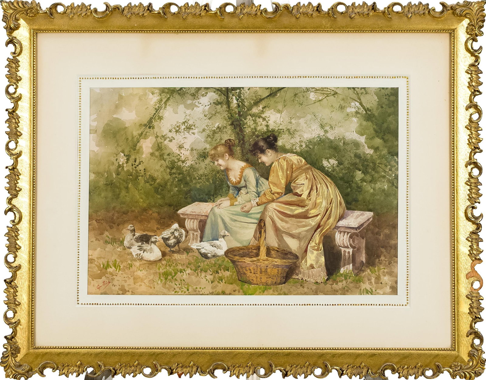 GIOVANNI BATTISTA FILOSA WATERCOLOR TWO LADIES.: Giovanni Battista Filosa (Italian, 1850-1935). Two young women in 18th century costume, one in pale blue and one in gold satin, seated on a stone garden bench in dappled shade, feeding a group of