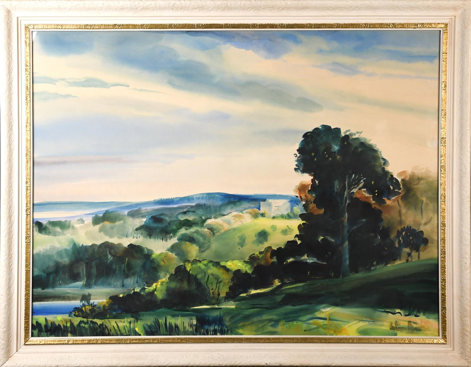 20TH C. WATERCOLOR, LANDSCAPE WITH ROLLING HILLS.: A 20th C. large watercolor on paper, landscape with rolling hills, building in middle distance, in rich blues and greens. Signed illegibly lower right. Image 29.5” x 39”, frame 36” x