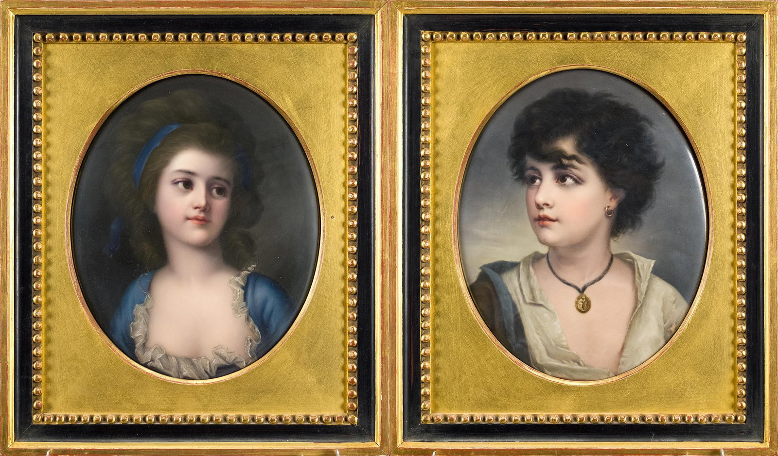 19TH C. KPM PORCELAIN PORTRAIT PLAQUES.: Two antique KPM signed oval porcelain portrait plaques, signed on back with scepter mark. ‘Neapolitan Boy’ and ‘Countess Sophie Potocka’. Images 10” x 8”, Frames 14