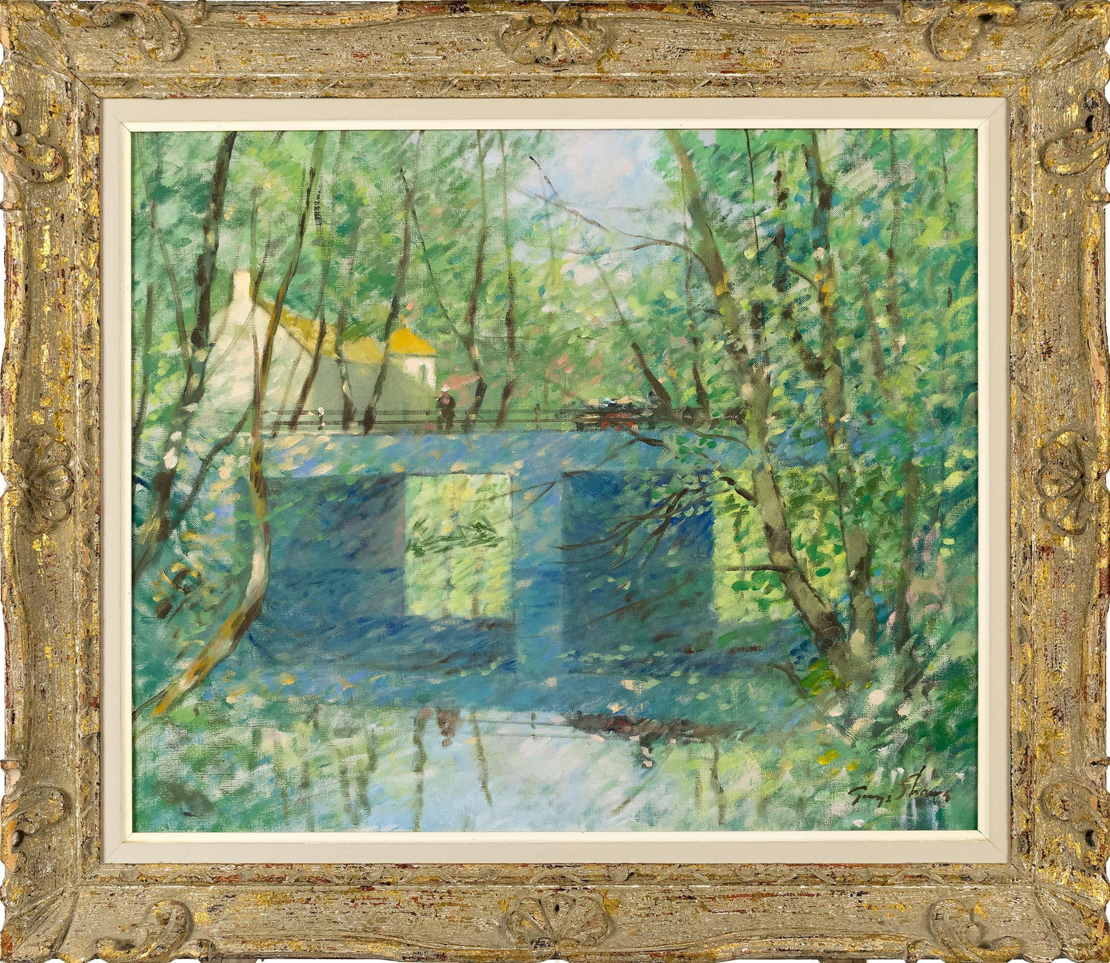 GEORGE SHAWE OIL, BRIDGE WITH FIGURES.: A George Shawe (1915 - 1995) oil on canvas, depicting a tranquil wooded landscape with a bridge spanning a calm stream, and a cottage at the end. Signed lower right George Shaw, titled on stretcher, &