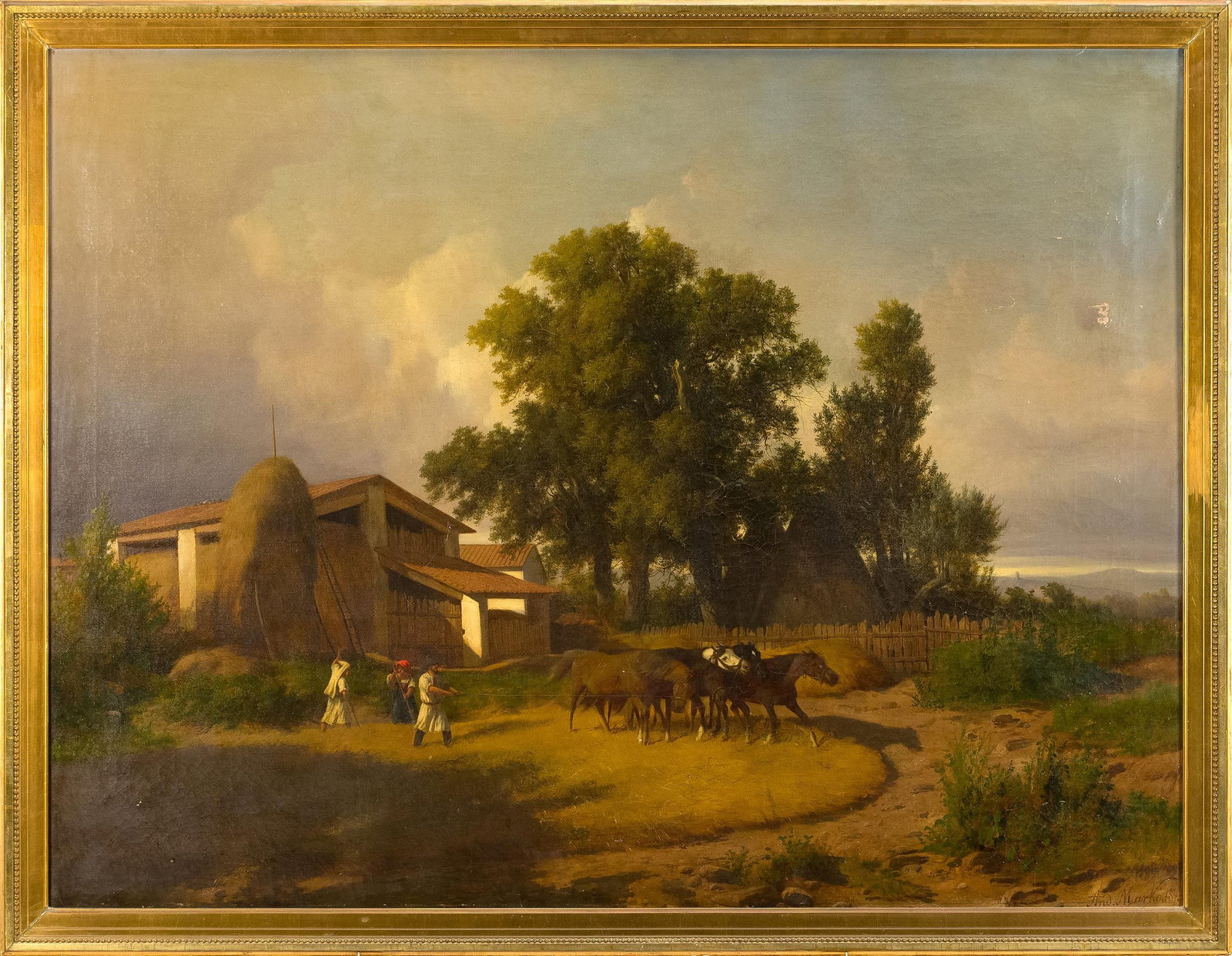 LARGE ANDRAS MARKO OIL, THRESHING WHEAT. (1 of 9)