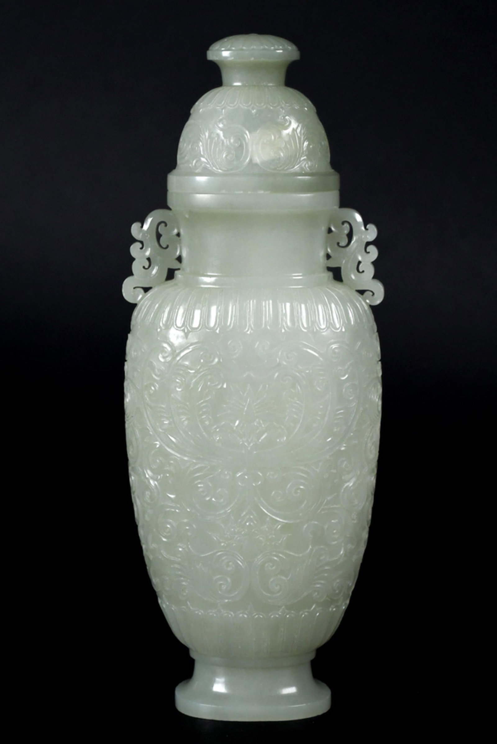 CARVED MUGHAL-STYLE CELADON JADE LOTUS VASE. (1 of 10)