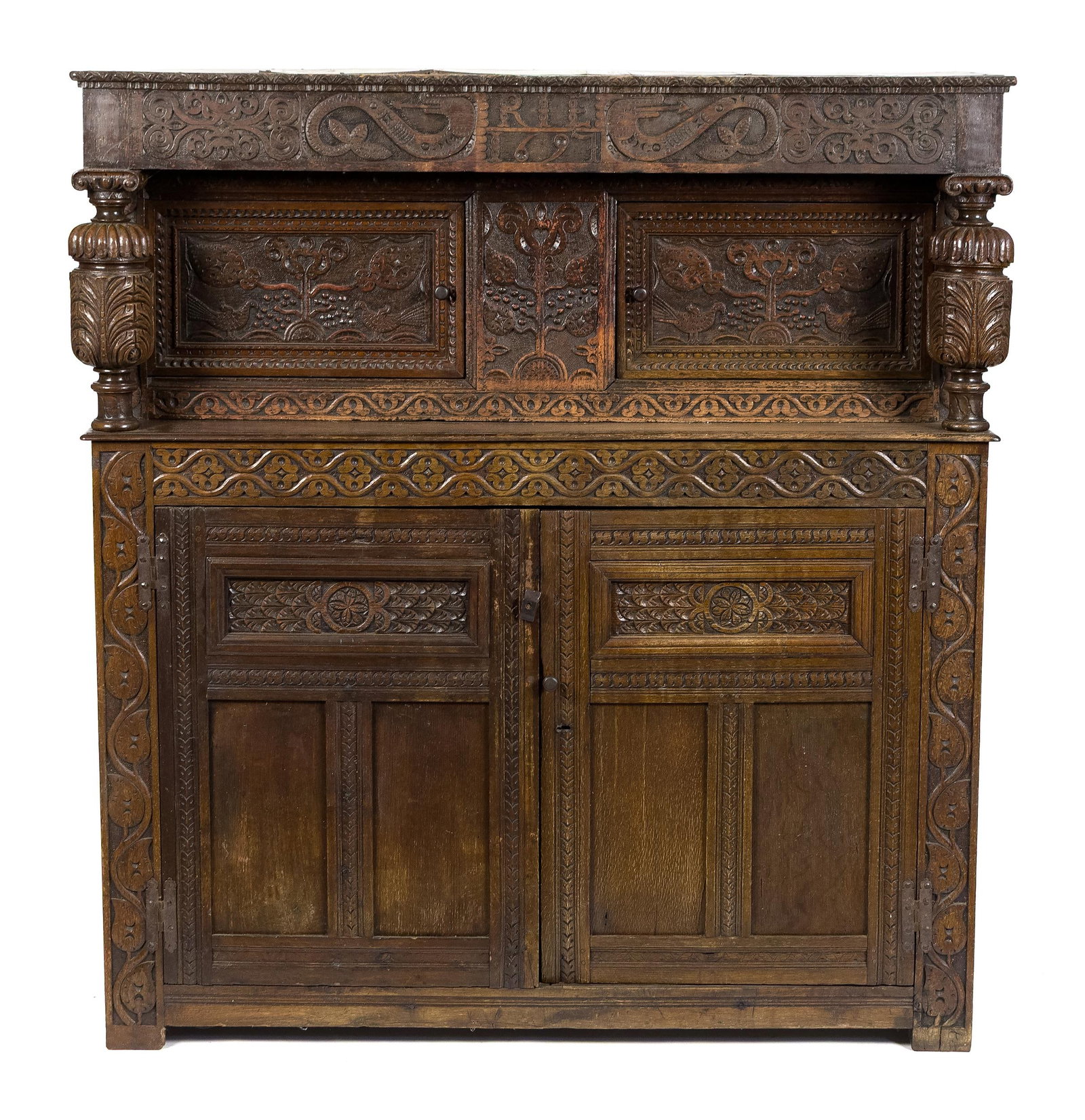 17TH C. CARVED WILLIAM & MARY OAK COURT CUPBOARD. (1 of 17)