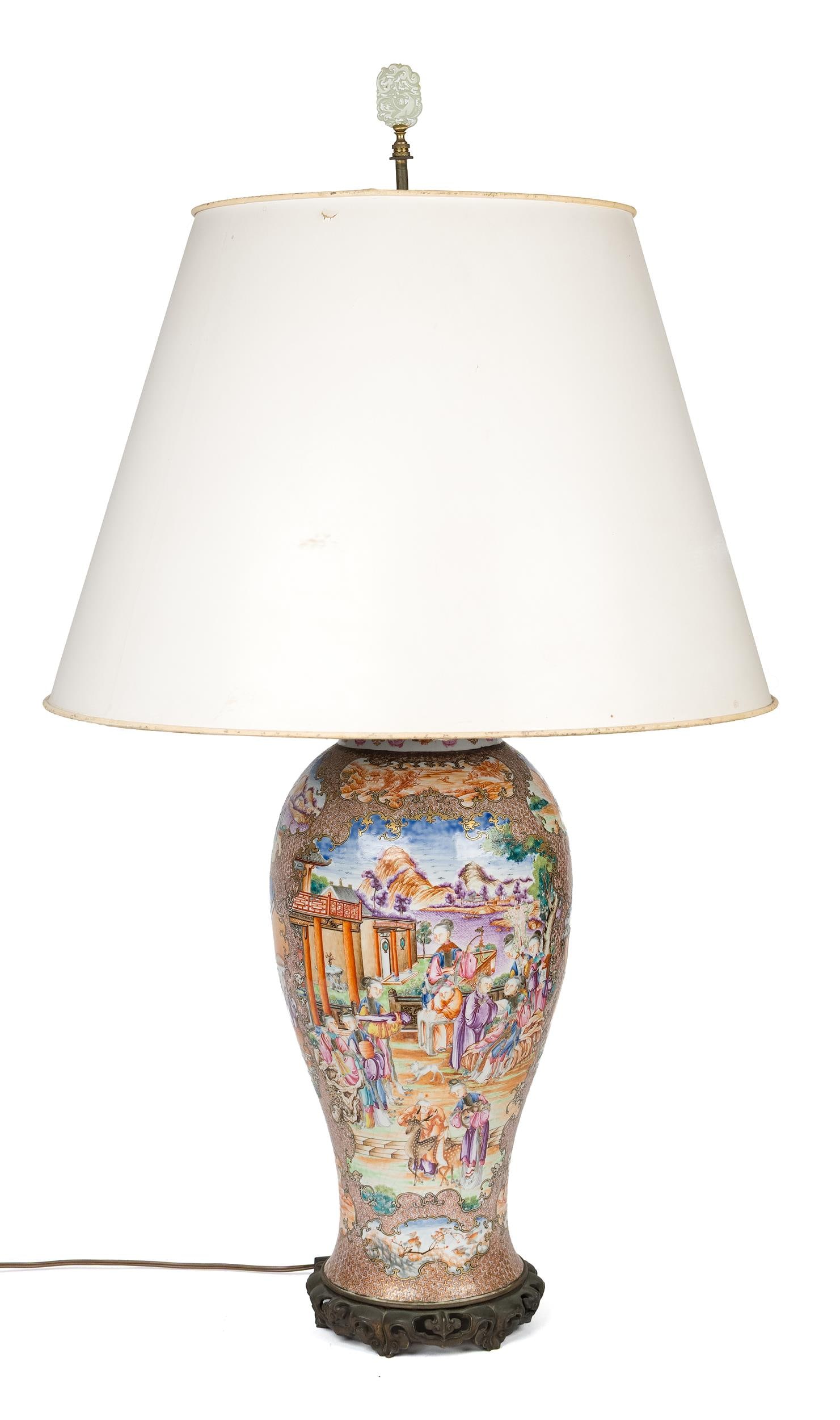 19TH C. CHINESE ROSE MANDARIN VASE LAMP.: A 19th C. Chinese export rose Mandarin baluster vase and cover, mounted as a lamp in the 20th C.. The body painted with a large figural reserve of a court gathering on a garden terrace before a lake a