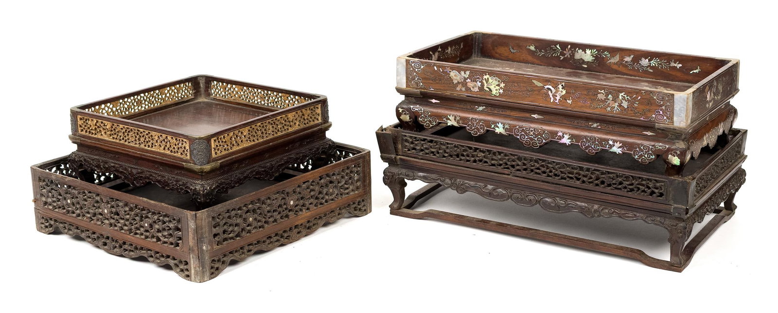 FOUR FINE ANTIQUE CHINESE CARVED SCHOLAR TRAYS. (1 of 9)