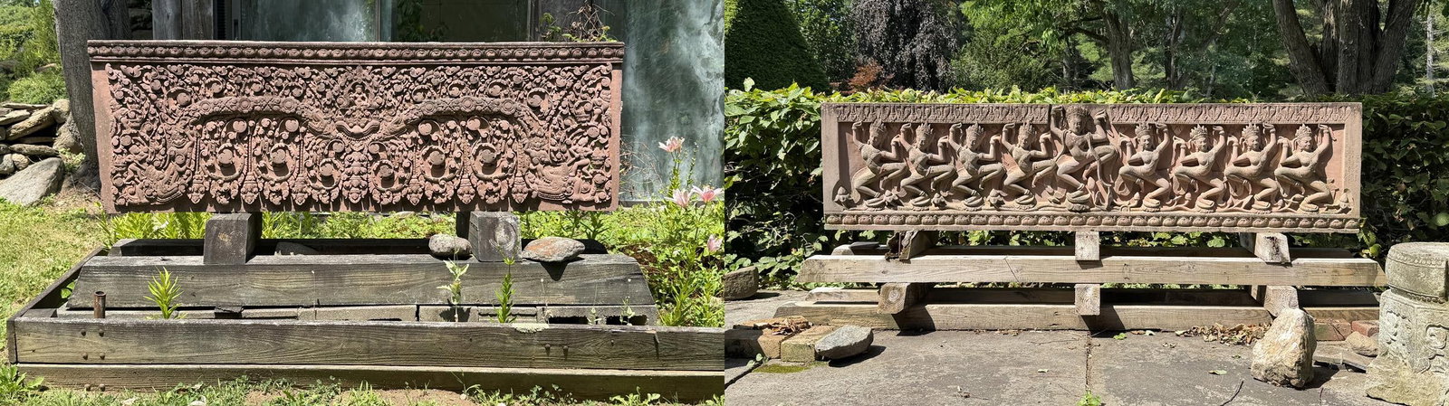 TWO VINTAGE CARVED SANDSTONE FRIEZES.: Two horizontal deep relief carved sandstone friezes. Each carved after early Angkor Wat temple carvings. 20”H x 83 & 80”W.