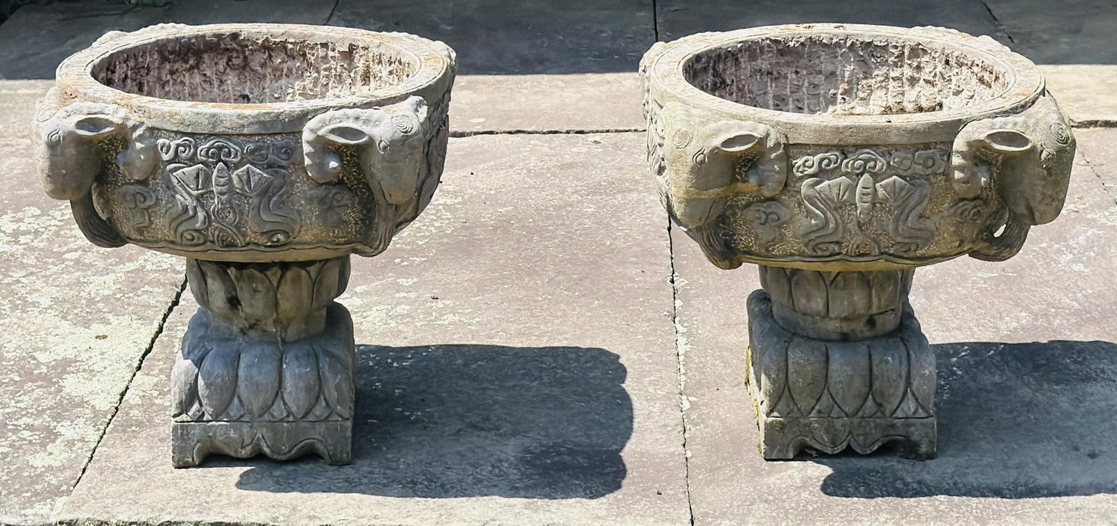 TWO ASIAN CARVED STONE URNS/PLANTERS. (1 of 6)