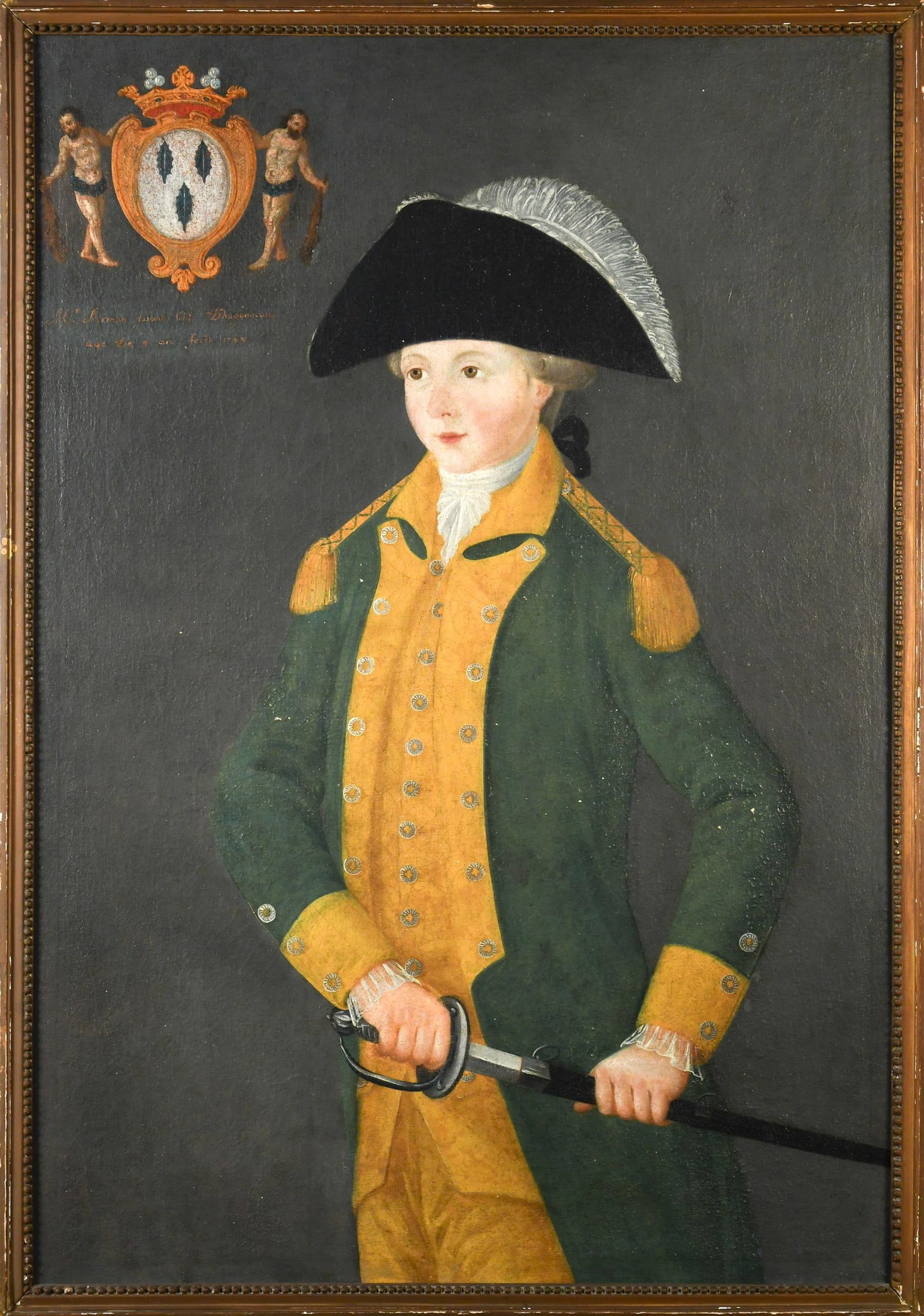18TH C. FRENCH PORTRAIT, ARMAN JOSEPH D’HUGONNEAU.: An 18th C. French oil on canvas portrait depicting a young gentleman identified Mr. Arman Joseph D’hugonneau, shown wearing a plumed tricorn hat, and green and yellow military uniform while