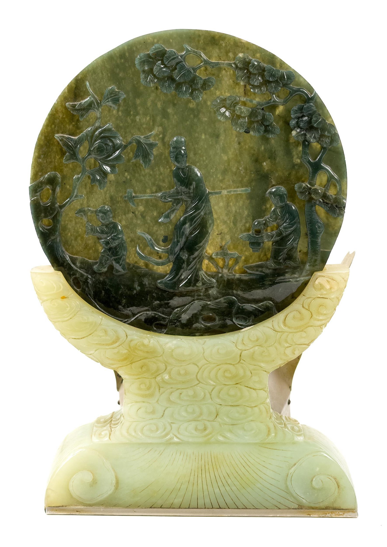 ANTIQUE CARVED JADE TABLE SCREEN LAMP. (1 of 9)