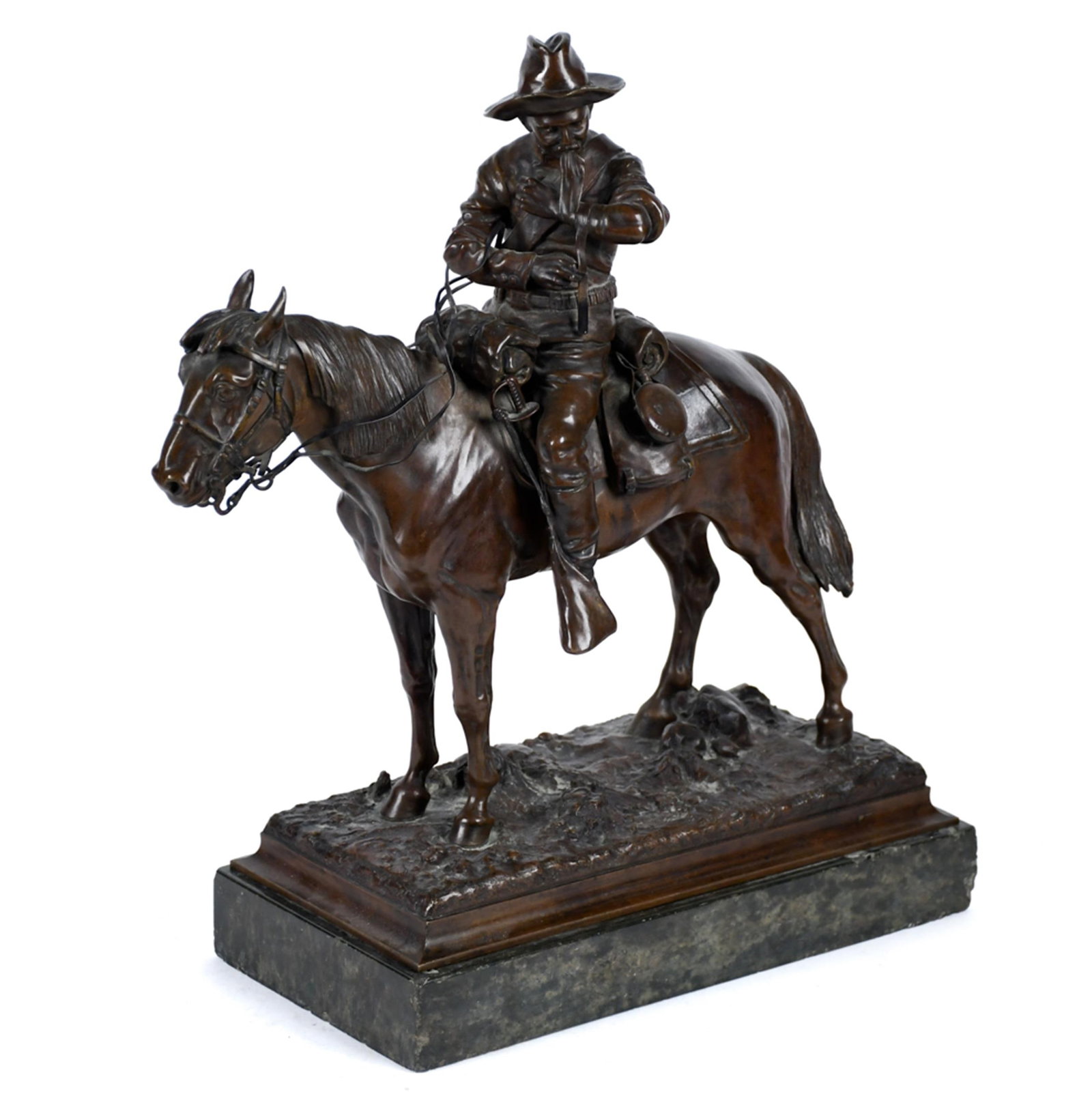 CARL KAUBA BRONZE, CIVIL WAR SOLDIER ON HORSEBACK.: An early 20th C. Carl Kauba (Austrian/American, 1865–1922) patinated bronze sculpture depicting a Civil War soldier seated on horseback, tending to a wound on his arm. Finely detailed
