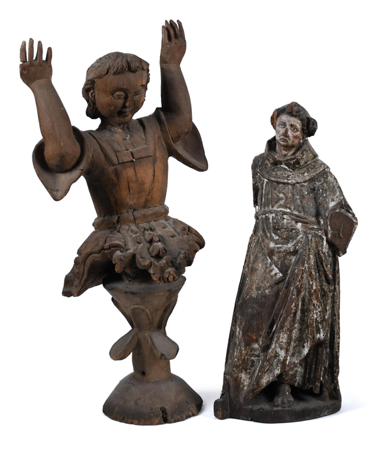 TWO ANTIQUE CARVED WOOD FIGURES, SANTOS AND OTHER.: Two Continental carved wood religious figures, including a figure of a saint in a long monastic habit, with traces of original painted decoration, 25”H. With a carved wood figure or