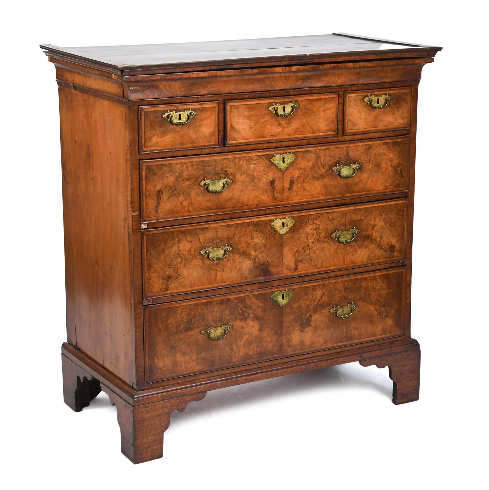 18TH C. ENGLISH BURL WALNUT CHEST OF DRAWERS. (1 of 12)