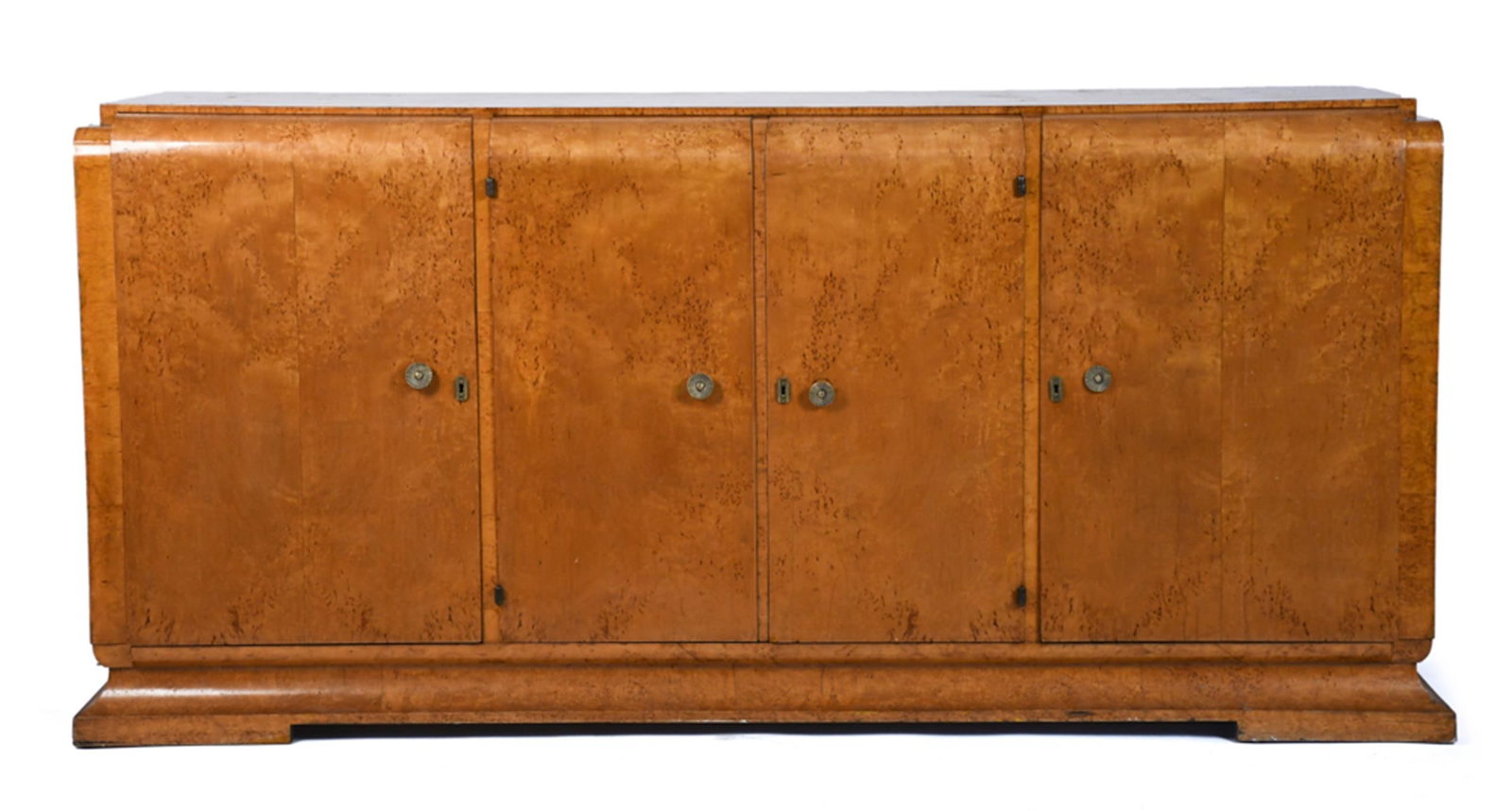 FINE ANTIQUE ART DECO BURL-WOOD SERVER.: A fine ca. 1930 Art Deco burl-wood server or buffet with four doors that open to reveal interior cabinet and concealed drawers. Raised on an integral step-molded base. 38”H x 79”W x