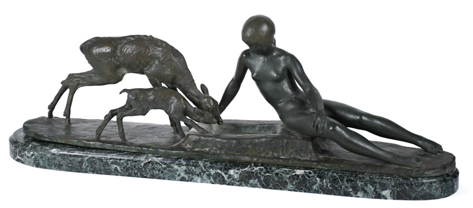 ARY BITTER BRONZE SCULPTURE, RECLINING NUDE WITH DEER: Ary Jean Leon Bitter (1883-1973) Art Deco bronze sculpture depicting a reclining nude figure reaching toward a doe and fawn, both animals rendered with finely detailed coats and alert poses. The dark