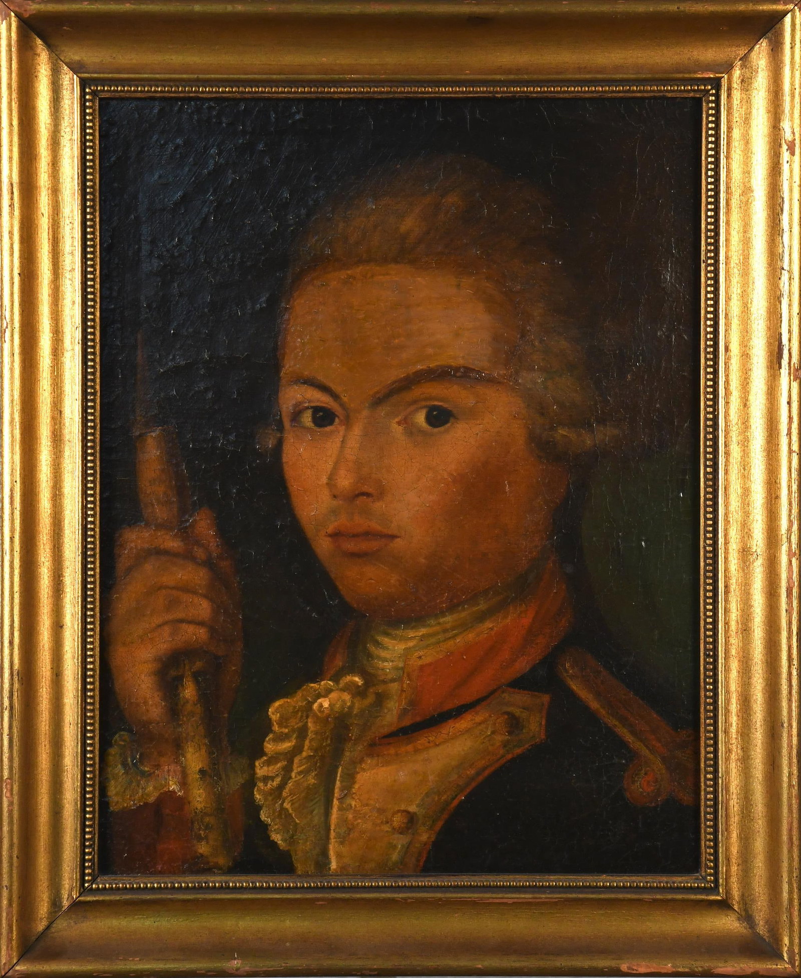 18TH C. OIL, FRENCH MILITARY OFFICER.: 18th C. oil on canvas, portrait of a young French military officer with powdered hair and blue and red uniform, holding a musket. Image 17.6” x 13”, frame 22” x 18”.