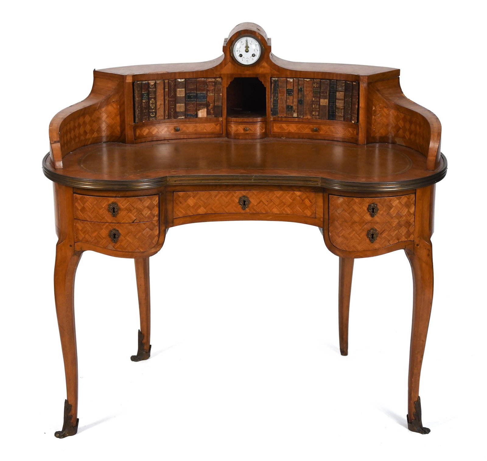 19TH C. FRENCH PARQUETRY INLAID LADIES DESK.: A 19th C. Louis XV bonheur de jour parquetry inlaid ladies desk, top with enamel decorated clock, faux leather bound book cabinet doors, over writing surface with tooled brown leather, and case