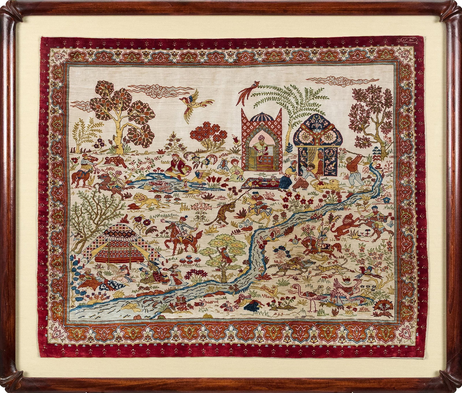 FINE ORIENTAL PICTORIAL MAT.: A mid 20th C. Persian pictorial handwoven silk mat, signed upper left. 21.5” x 26.5”, framed under glass 27” x 32”.