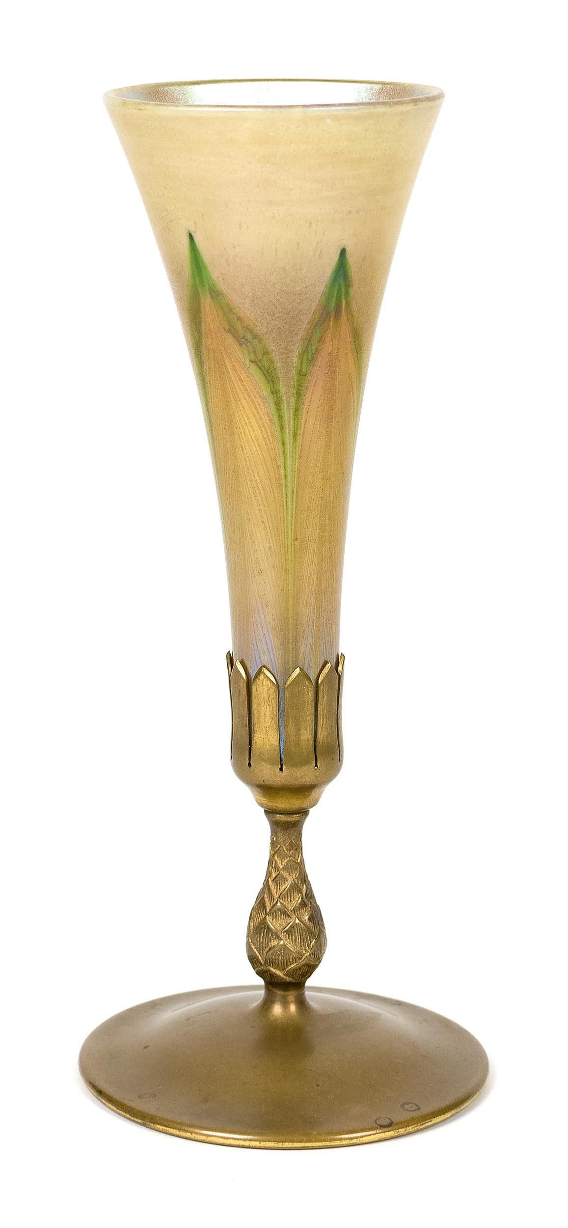 TIFFANY STUDIOS FAVRILE GLASS AND BRONZE VASE.: Antique Tiffany Studios art glass and bronze vase, with a removable gold favrile glass with green feathering top, signed on bottom L.C.T. With a bronze base stamped on bottom Tiffany Studios, New York