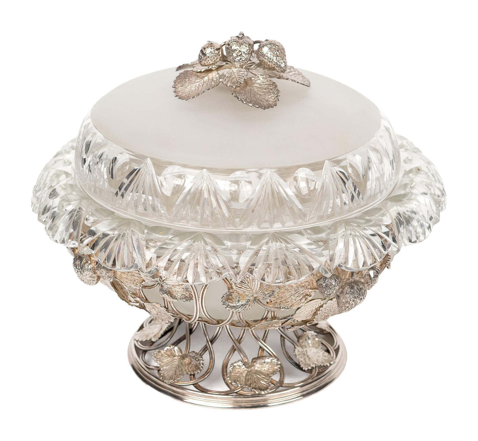 19TH C. CRYSTAL AND SILVER PRESENTATION BOWL.: A ca. 1856 silver (tested) presentational bowl or centerpiece with exceptional strawberry motif and inset frosted and cut crystal insert. Inscribed on silver, ‘Charles Anthon LLD. Christmas 1856