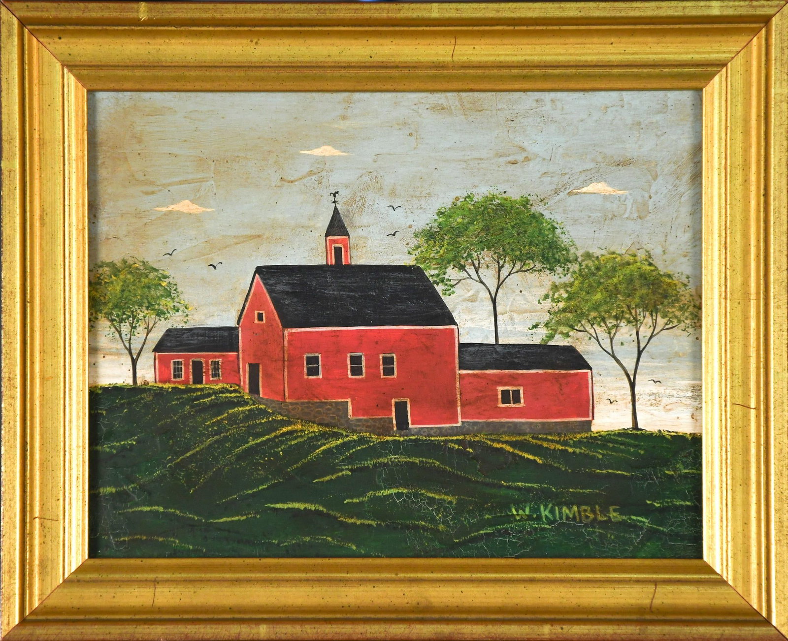 SMALLWARREN KIMBLE OIL OF HOUSE.: A Warren Kimble small oil on board, red New England barn, signed lower right W. Kimble. Frame 7.5” x 9.5”.