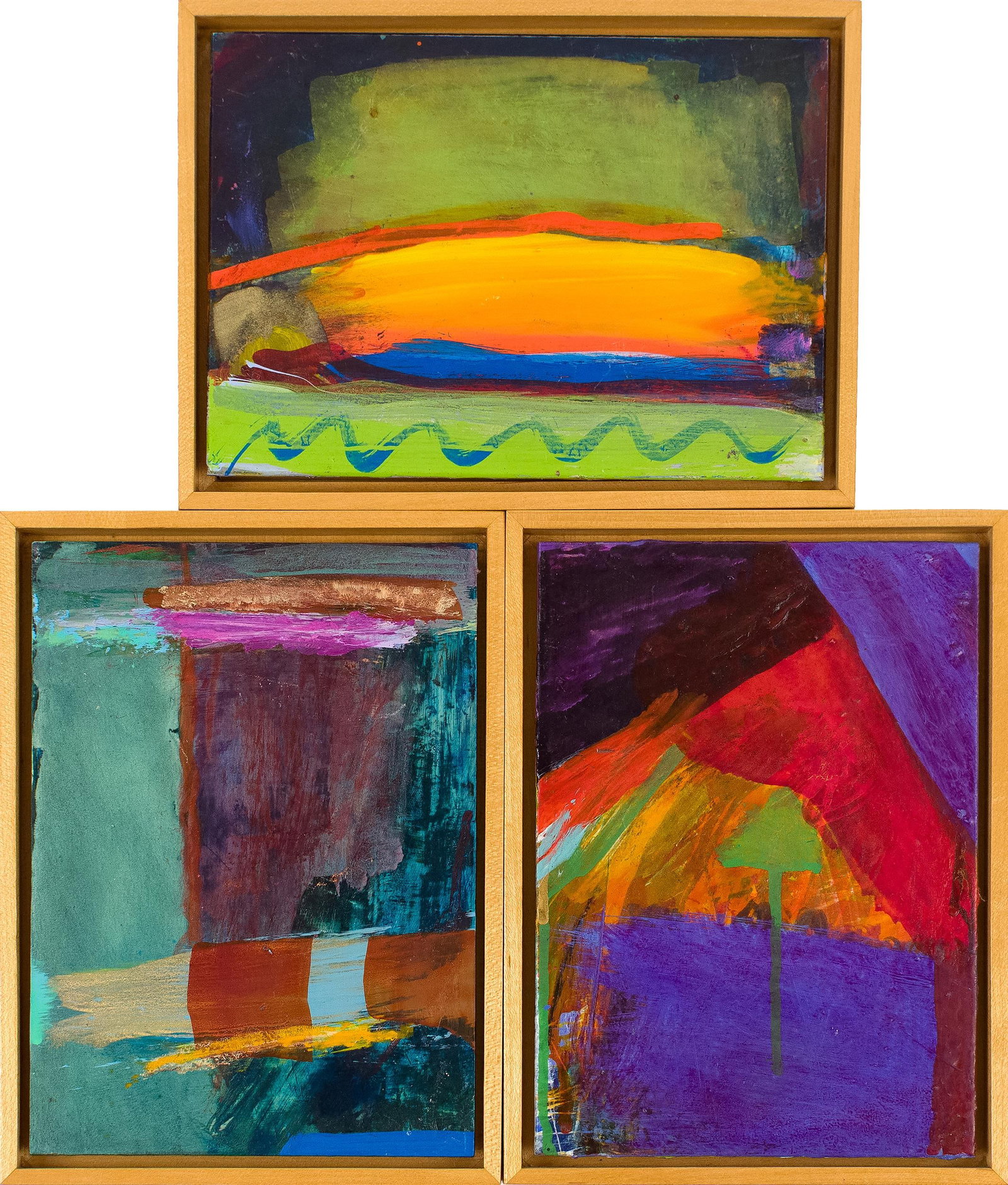 THREE 20TH C. EMILY MASON CLAYBOARD ABSTRACTS.: Three 1999 abstract compositions by Emily Mason (American, 1932-2019), oil on clayboard, each signed, dated and titled in marker on the reverse, including: Rung, in teal, plum and rust with a banded